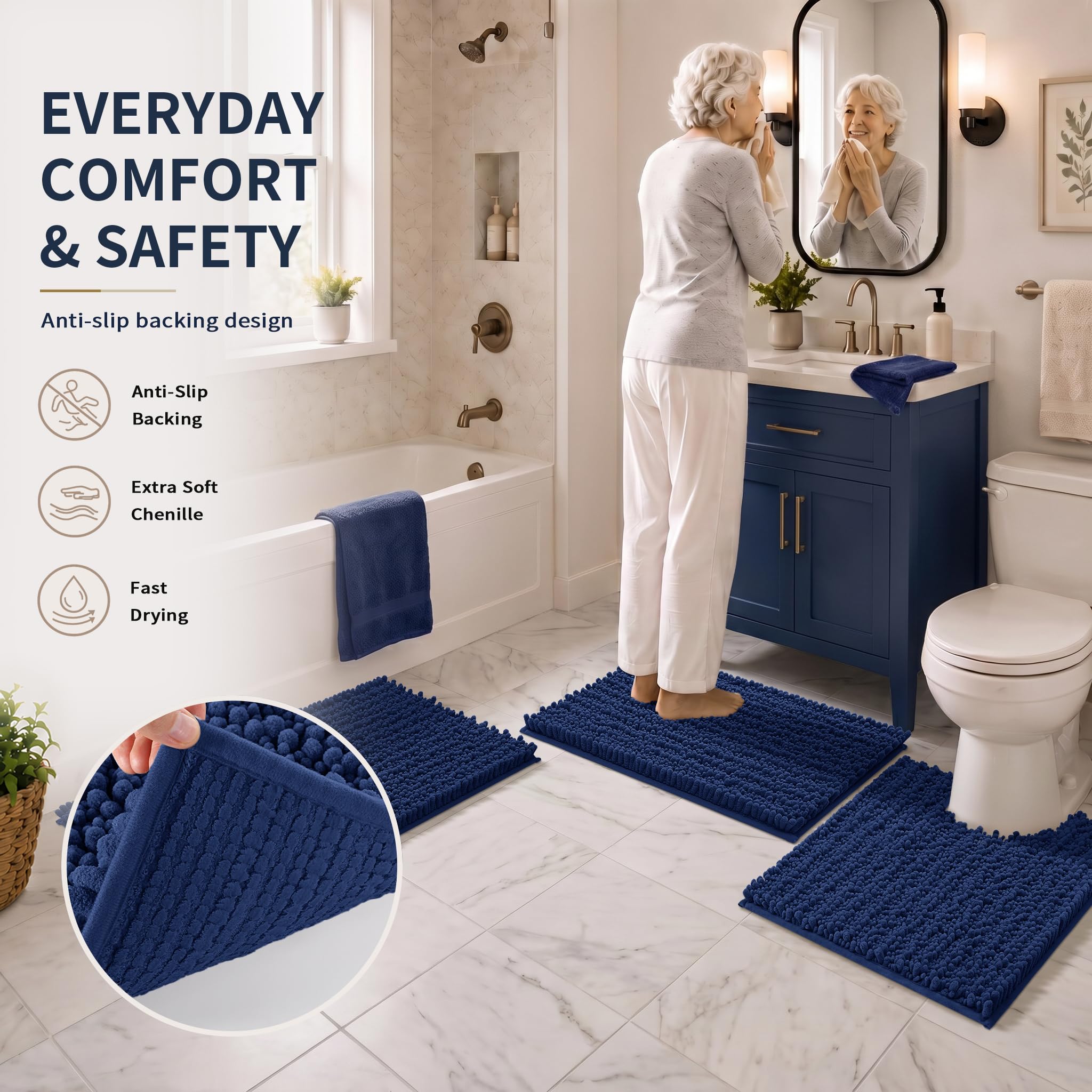 Yimobra Black Bathroom Rug Set 3 Piece - Super Absorbent Quick Dry Chenille Bath Mats & Toilet Rug, Non Slip Machine Washable, Extra Thick Shaggy Floor Mat for Shower Tub Sink