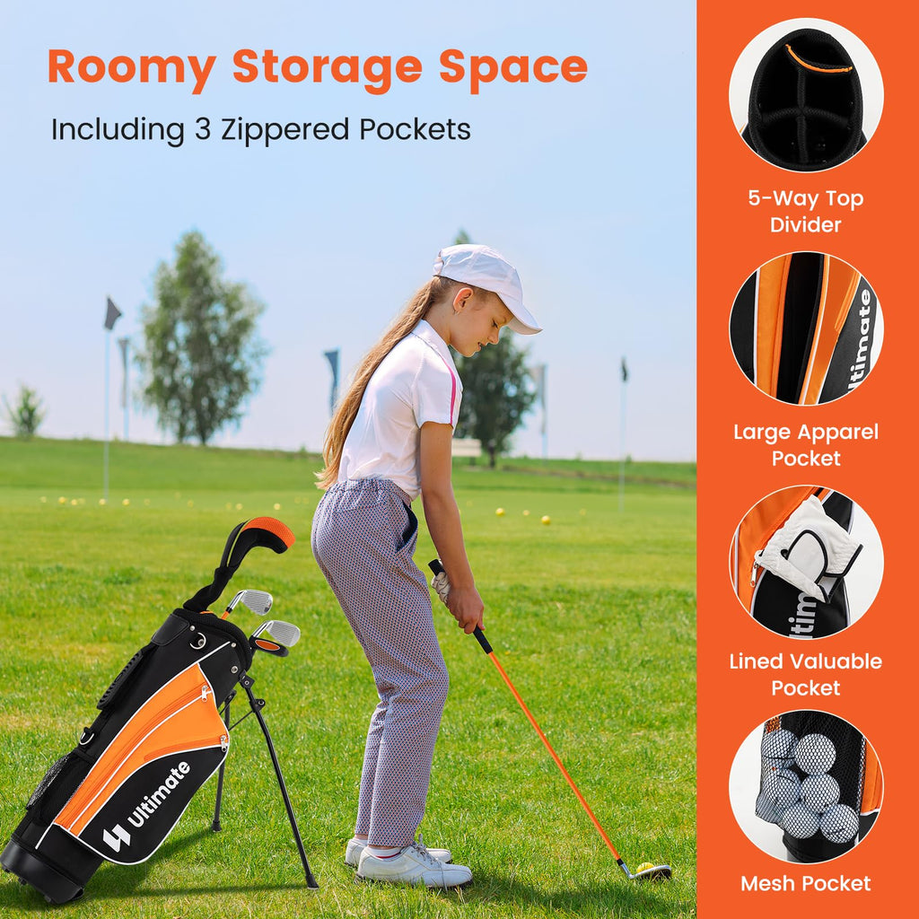 Tangkula Junior Golf Club Set for Children Right Hand, Includes #3 Fairway Wood & #7/#9 Irons, Putter, Head Cover & Rain Hood, Golf Stand Bag, Perfect for Children, Kids