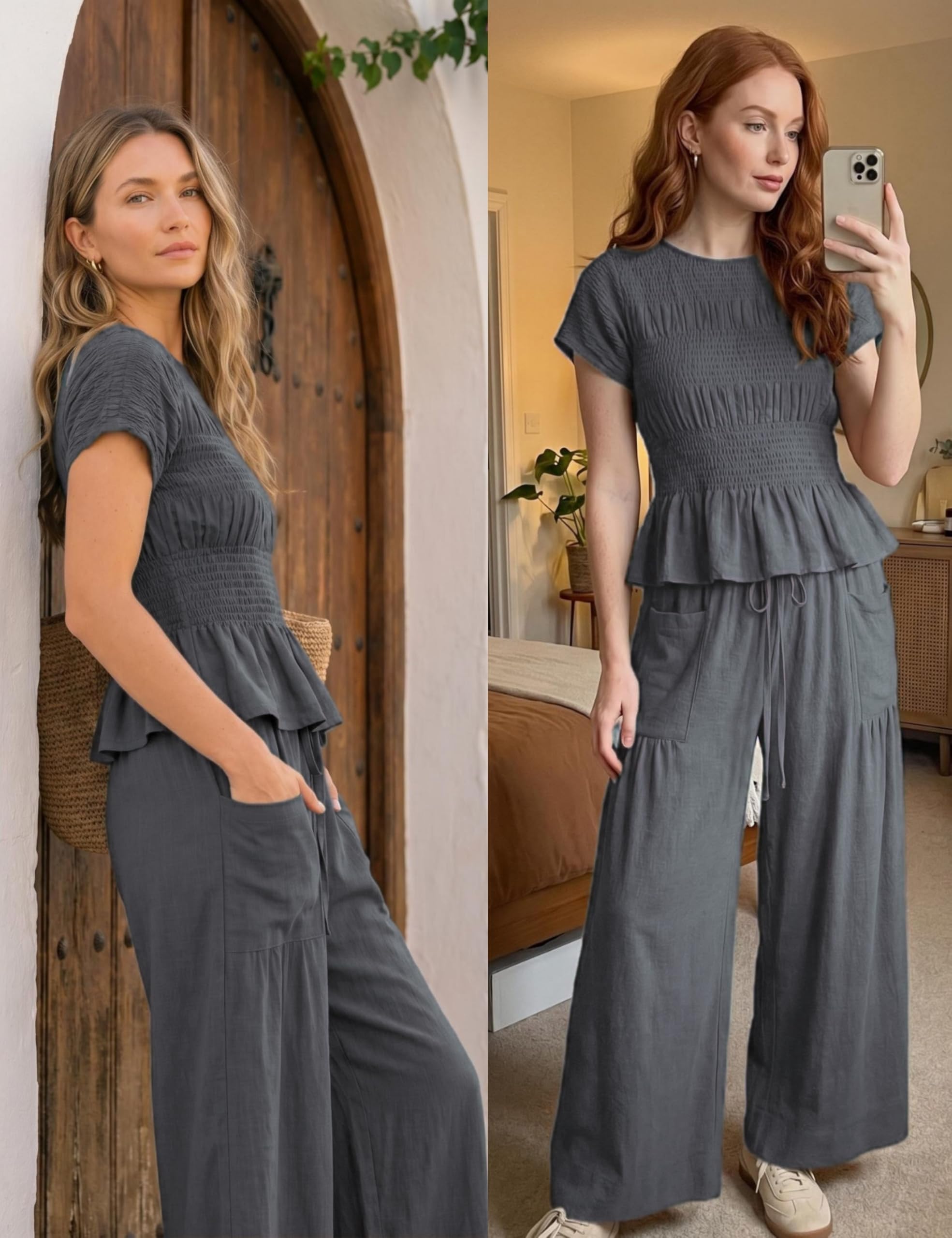 Antnation Womens 2 Piece Smocked Top Wide-Leg Pants Set High-Waisted Lounge Outfit with Pockets Casual Boho Matching Set