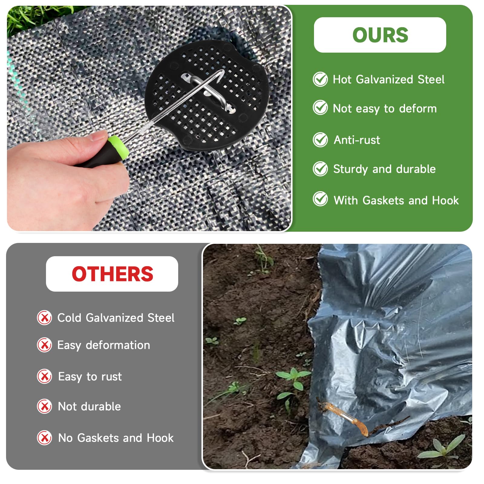 JELNER Garden Stakes,6 Inch 11 Gauge 20pcs Galvanized Landscape Staples + 20pcs Gaskets + 1Pick Hook, Tent Stakes Landscaping Fabric SOD Pins for Weed Fabric Barrier,Groud Cover,Fence