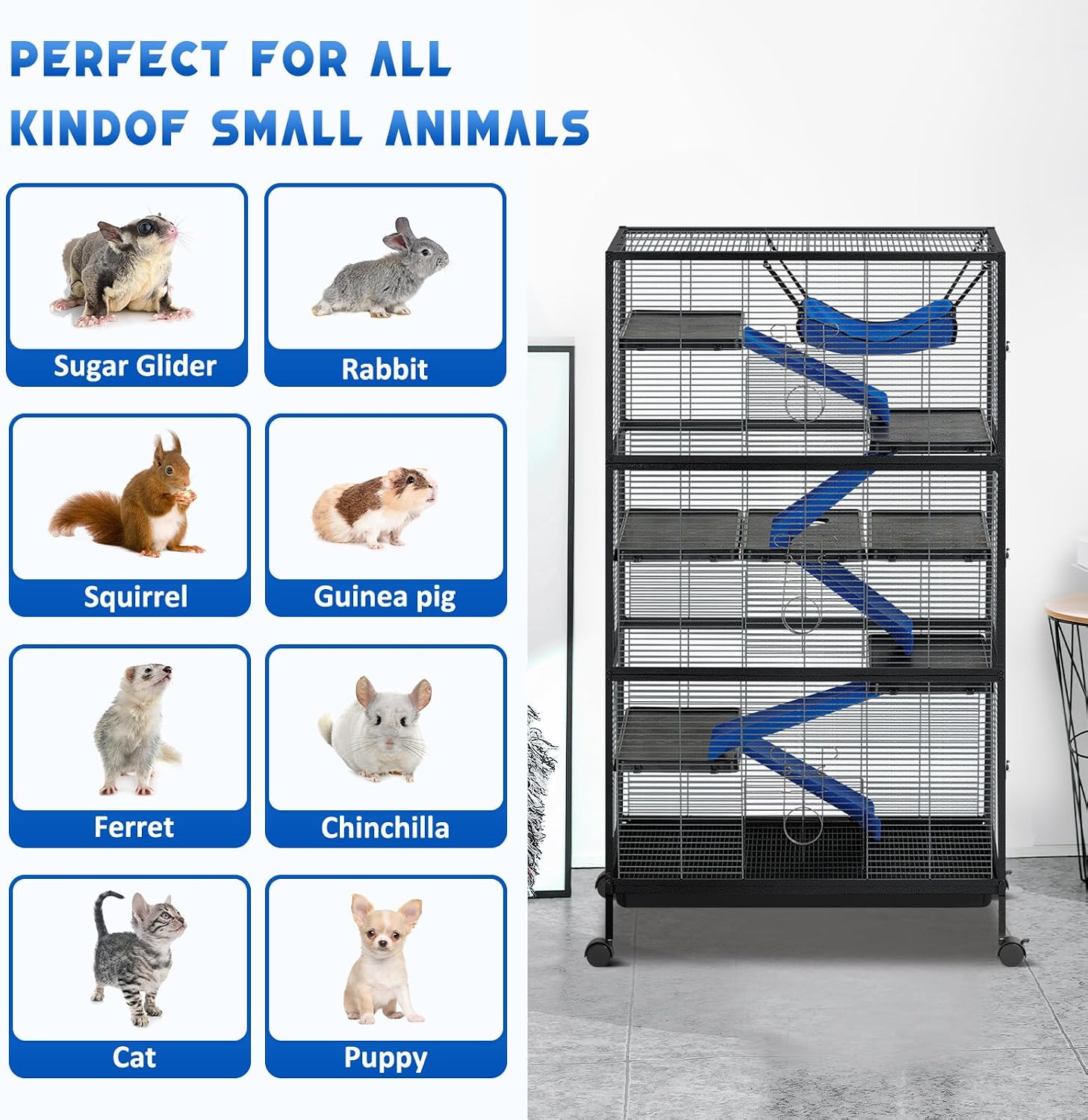 Metal Small Animal Cage 6-Tier Ferret Sugar Glider Cage for Chinchillas/Guinea Pig/Rabbit/Large Hamste Rolling Critter Nation Cage with Flannel ramps, Removable Tray,6 Doors Easy Clean