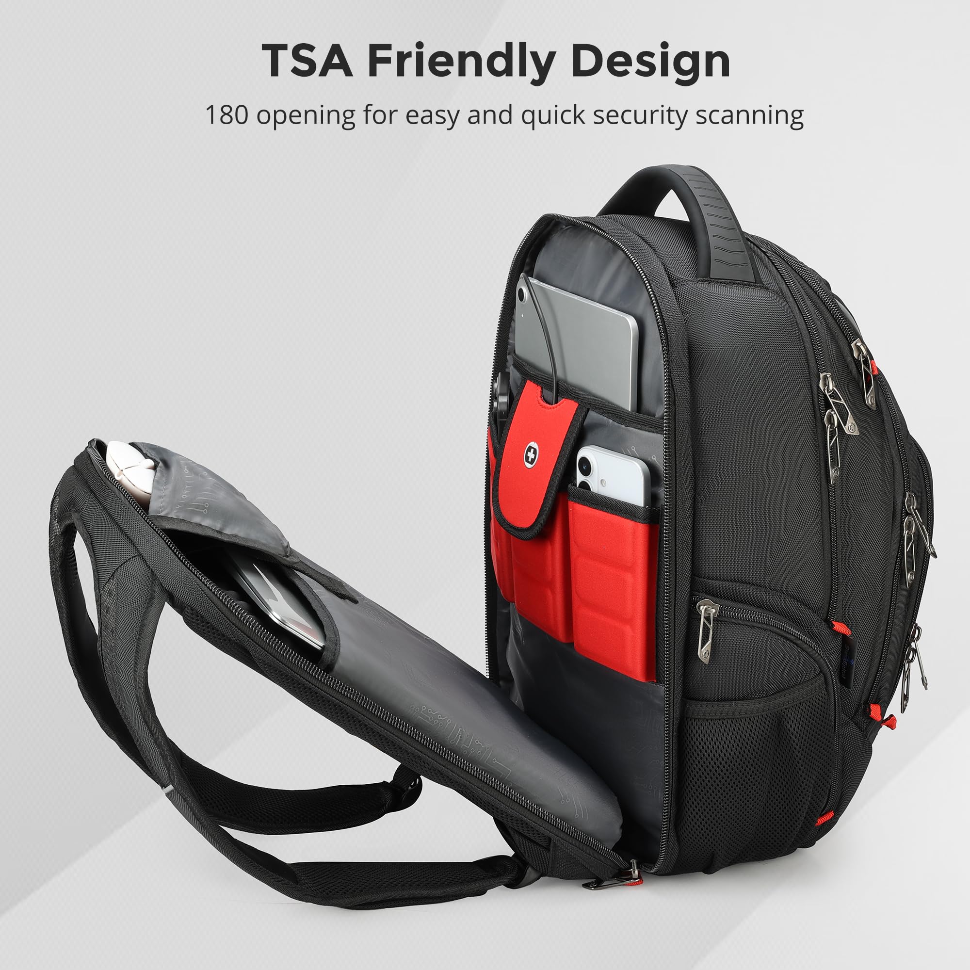 Swissdigital Design Travel Backpack for Women or Men, TSA Friendly USB Charging RFID Protection Business Carry on Bag Fits 15.6" Laptop Backpack Black | J14-BR