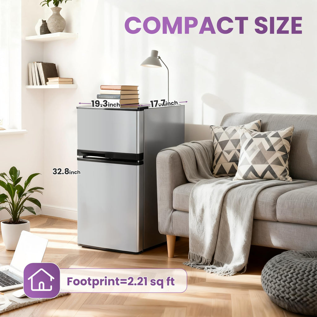 Tehanld 3.6 Cu.Ft Double Door Mini Fridge with Freezer, Compact Refrigerator with Removable Shelves, Low Noise Small Fridge for Dorm, Bedroom, Office and Apartment, Black