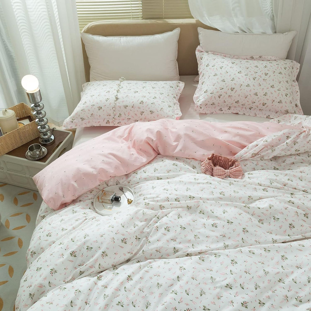 Pink Flower Duvet Cover Twin Chic Floral Print Ruffle Duvet Cover Cotton Lace Comforter Cover Country Style Floral Bedding Set Romantic Ruffle Comforter Cover Flower Bedding Cover with 2 Pillowcases