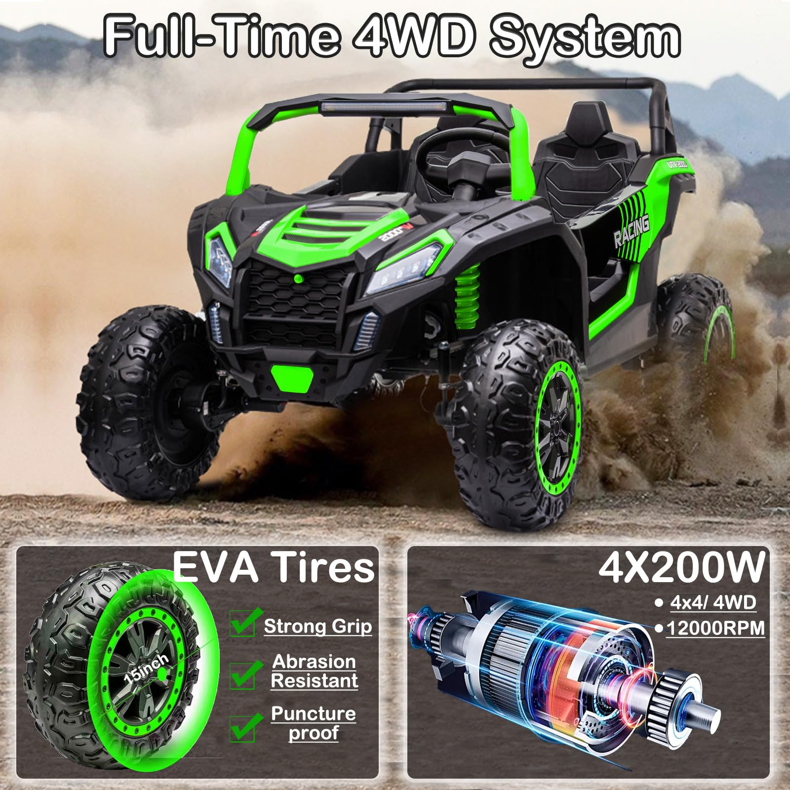 NEWQIDA XXXL 24V Ride On Toys for Big Kids UTV 2 Seater Electric Car w/Remote Control, 4WD Off-Road Side by Side, Max 220lbs, 24.8" Spacious Seat, EVA Tires, Up to 5.6 MPH, Rear Shock Absorbor, Black
