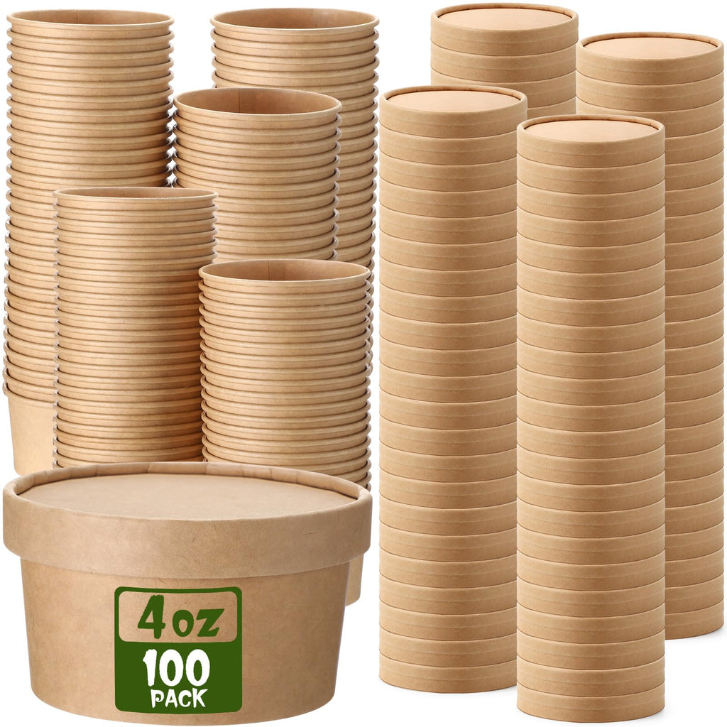 Fulmoon 100 Pack Paper Soup Containers with Lids Disposable Paper Food Containers with Vented Lid Kraft Ice Cream Cake Dessert Cups Soup Bowl for Party Hot Food Fruit Microwave(4 oz,Brown)