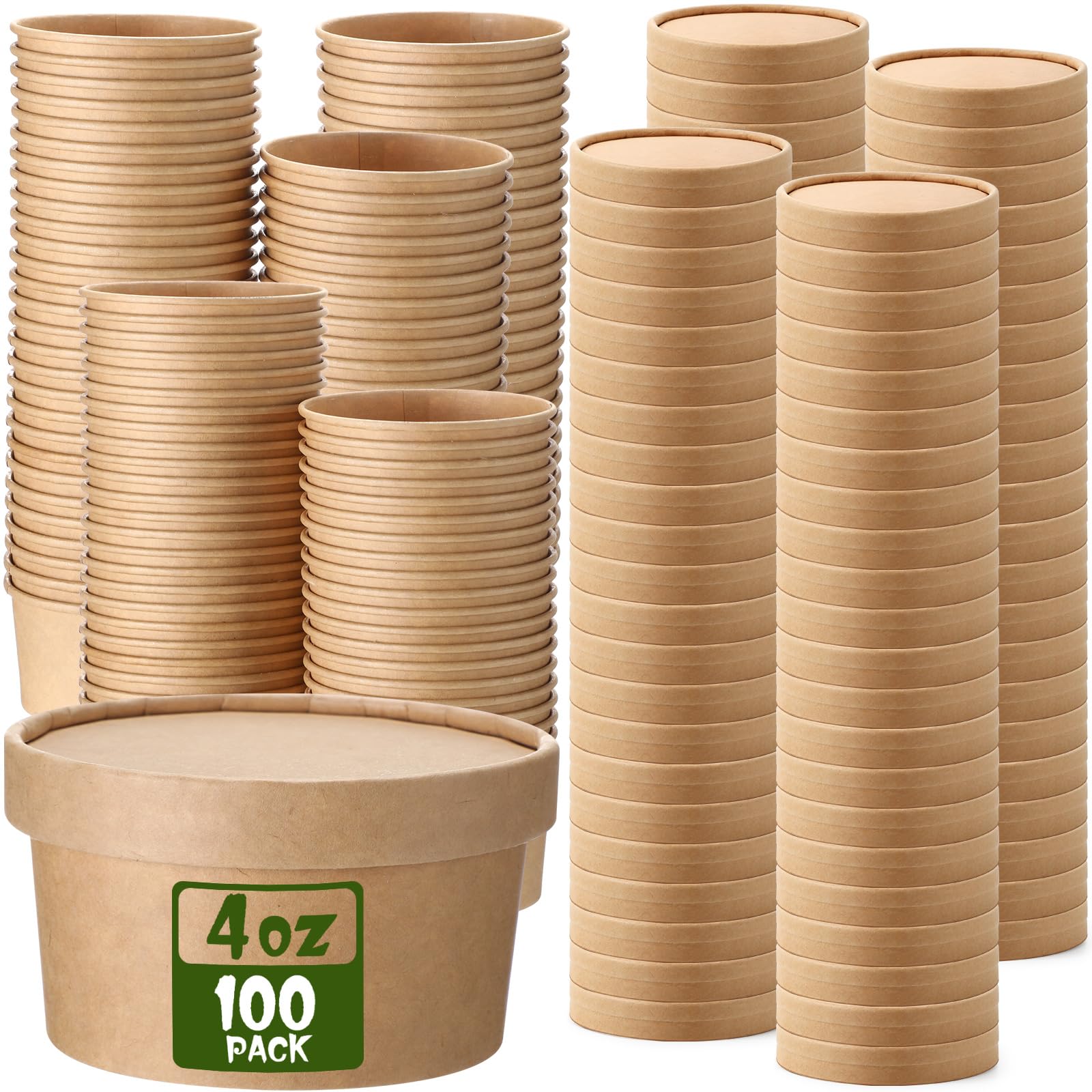 Fulmoon 100 Pack Paper Soup Containers with Lids Disposable Paper Food Containers with Vented Lid Kraft Ice Cream Cake Dessert Cups Soup Bowl for Party Hot Food Fruit Microwave(4 oz,Brown)