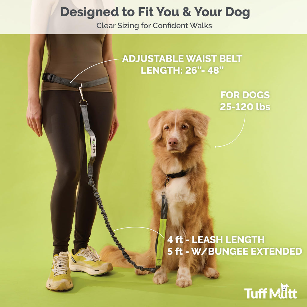 Tuff Mutt Hands-Free Waist Leash for Dog Walking, Running and Hiking, Carabiner Clip, Adjustable Belt with Double Handle, Reflective Bungee Design for Large & Medium Dogs