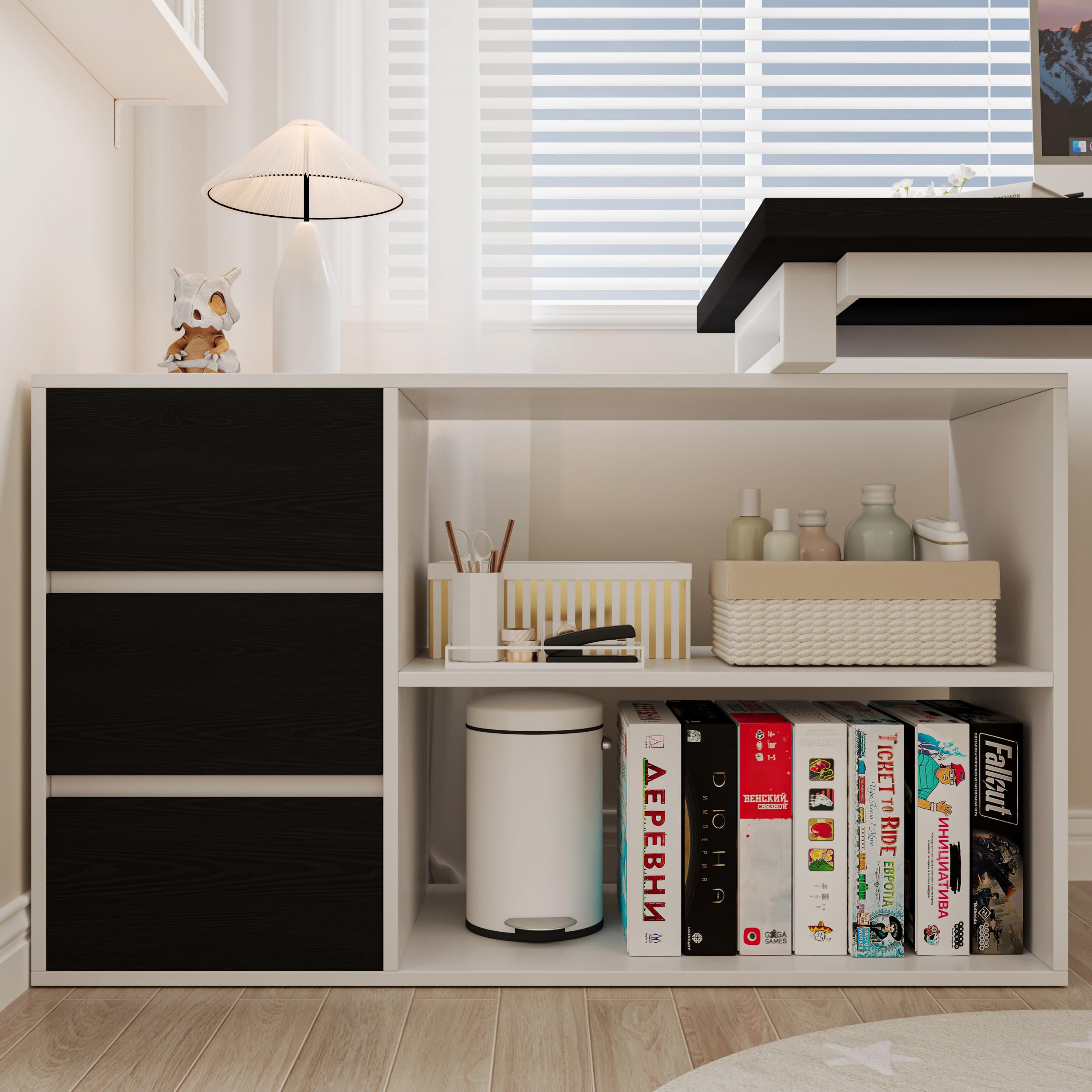 Bobve L Shaped Computer Desk, 47 Inch Home Office Desk with File Drawers & Storage Shelves, Small Corner Computer Desk for Small Space (Black + White)