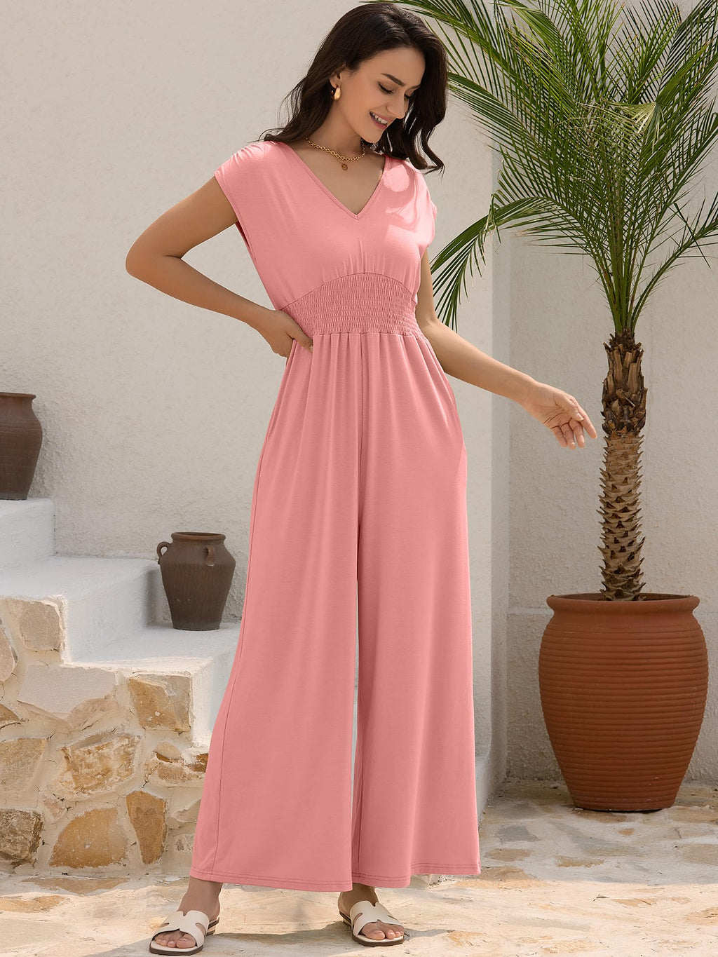ZAFUL Womens Summer Jumpsuits 2026 Smocked Waist Dressy Casual One Piece Outfits with Pockets