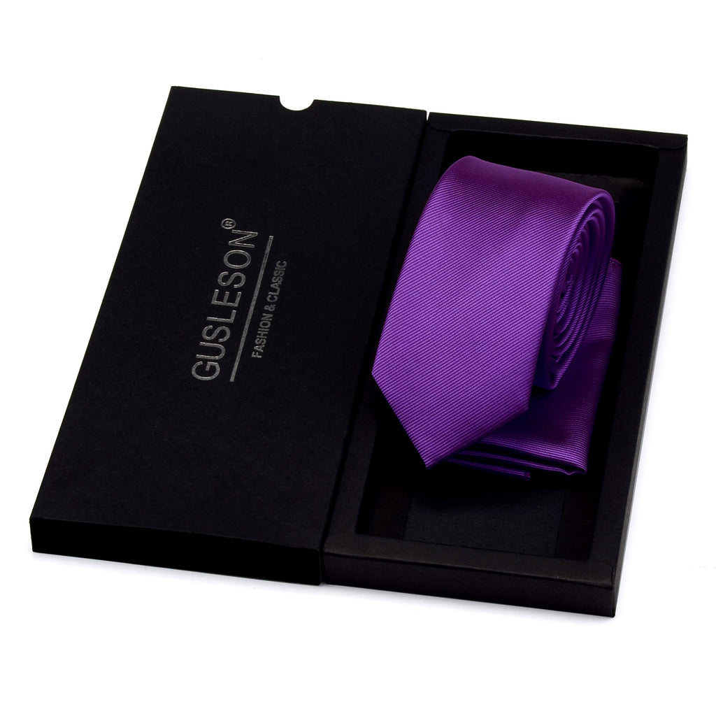 GUSLESON 2.4" Slim Necktie and Handkerchief Set For Men Solid Skinny Tie Set