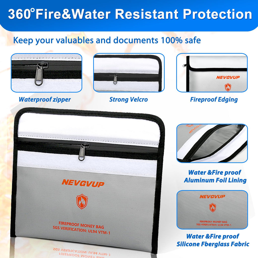 Fireproof Money Bag 4200°F - Heat Insulated, 9.8 x 6.5" Small Fireproof Document Bags with Waterproof Zipper, Fire proof Bag with Reflective Strip and Fireproofs Edeging, Fire Pouch Set for Valuables