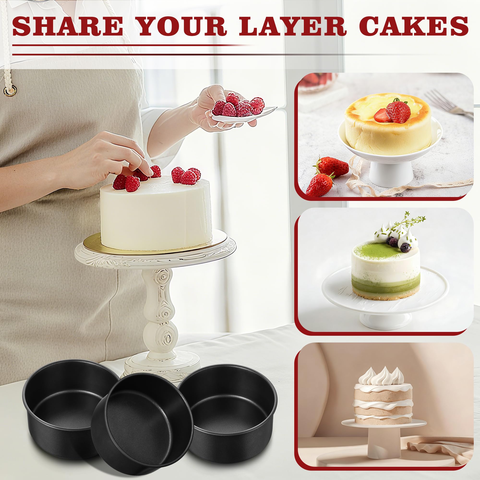 E-far 4 Inch Cake Pan Set of 3, Nonstick Stainless Steel Mini Round Cake Pans Tin, Small Size for Baking Smash Cakes/Cheesecake, Stainless Steel Core & Non-toxic Coating, Straight Side & 2 Inch Deep