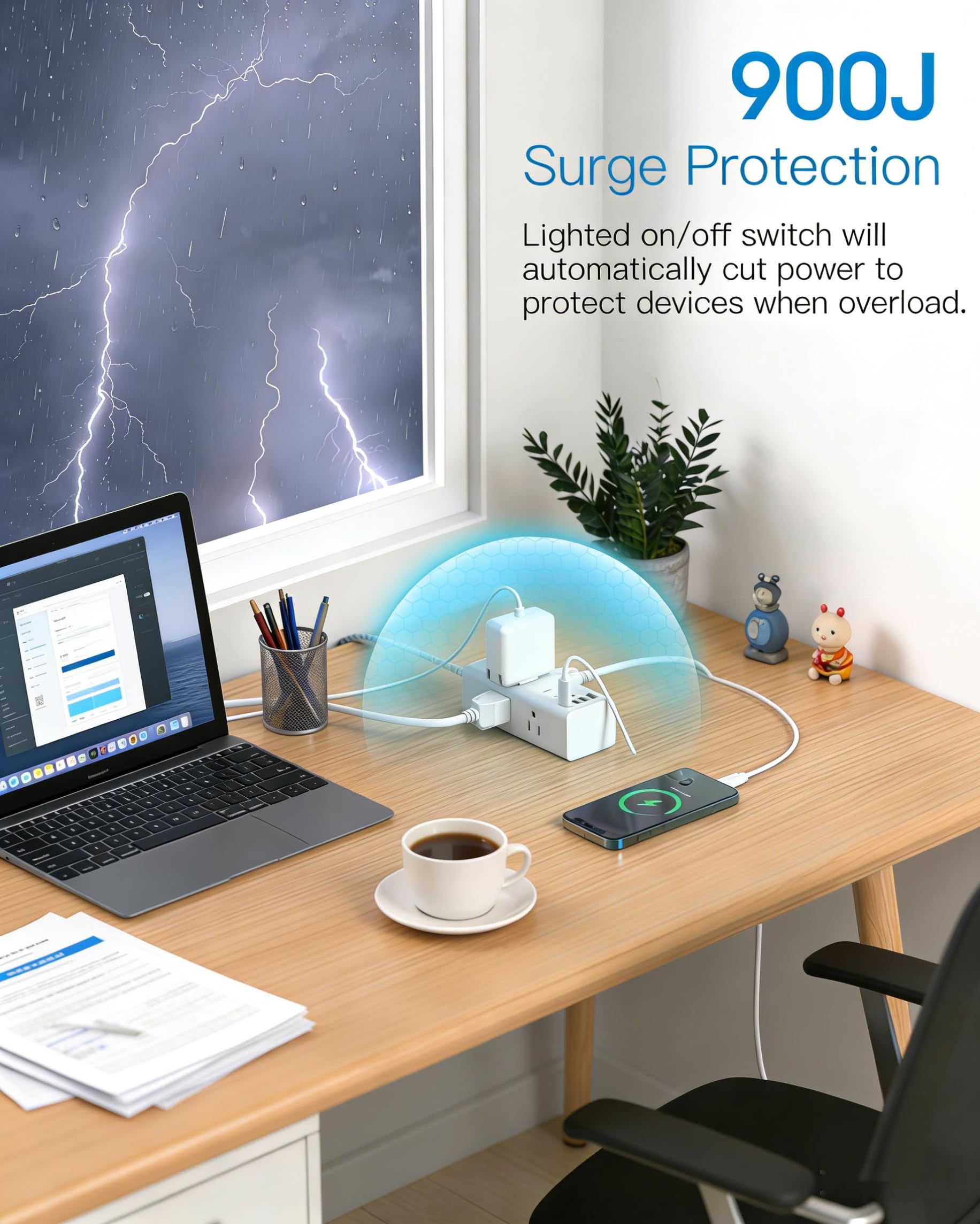 One Beat Short Extension Cord 1Ft, Flat Plug Power Strip Surge Protector - 6 Widely Outlets with 4 USB Ports (2 USB C), Wall Mount Small Power Strip for Travel, Home Office College Dorm Essentials