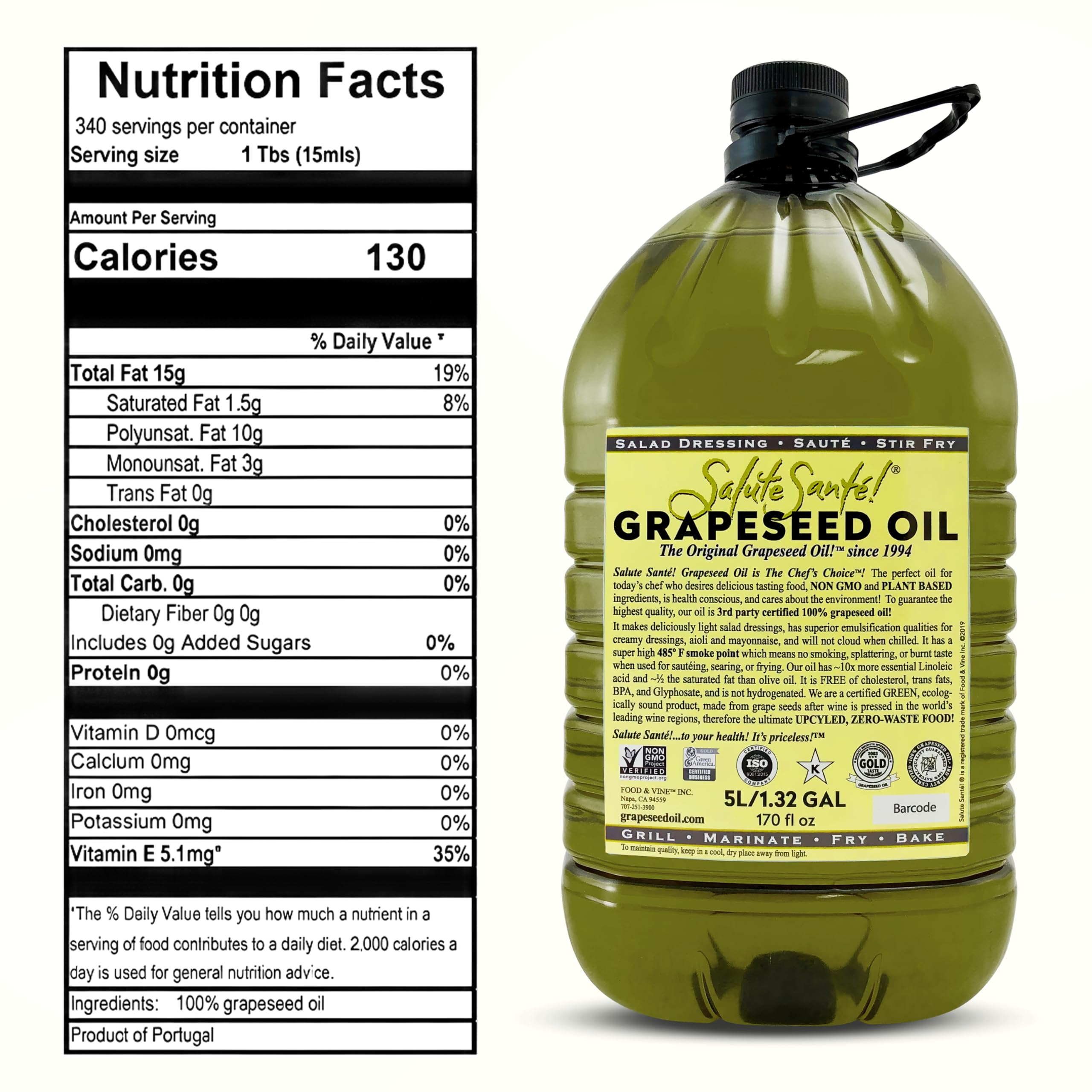 Salute Santé! Cold Pressed Grapeseed Oil – 500 ml 1-Pack — cooking oil, grapeseed oil — High Smoke Point, Neutral Flavor, Ideal for Frying, Baking & Salad Dressings Gourmet kitchen essential