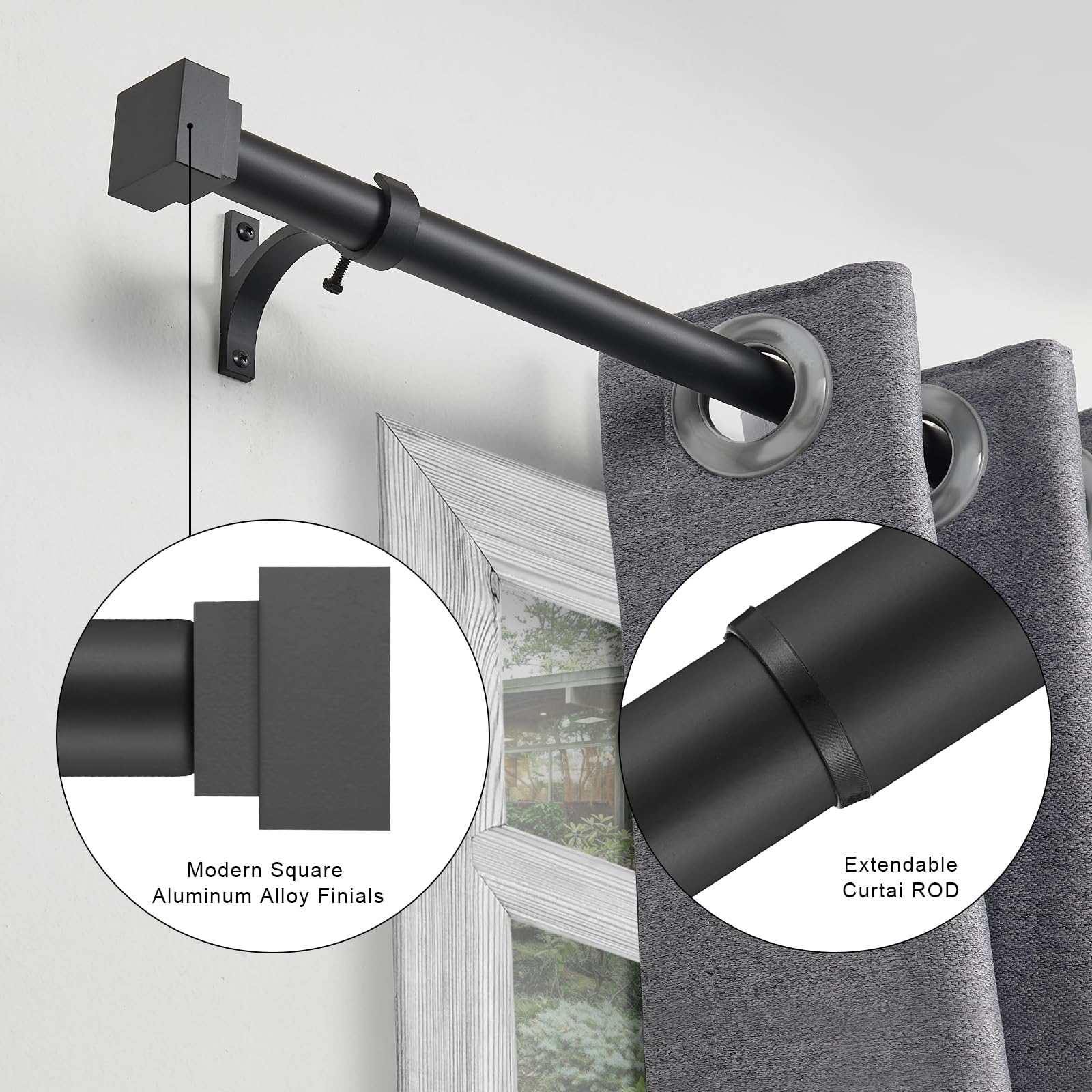 Single Curtain Rods for Windows 28 to 48 Inch(2.3-4ft),1 Inch Diameter Adjustable Heavy Duty Drapery Rods,with Modern Square Aluminum Alloy Finials,Antique Bronze