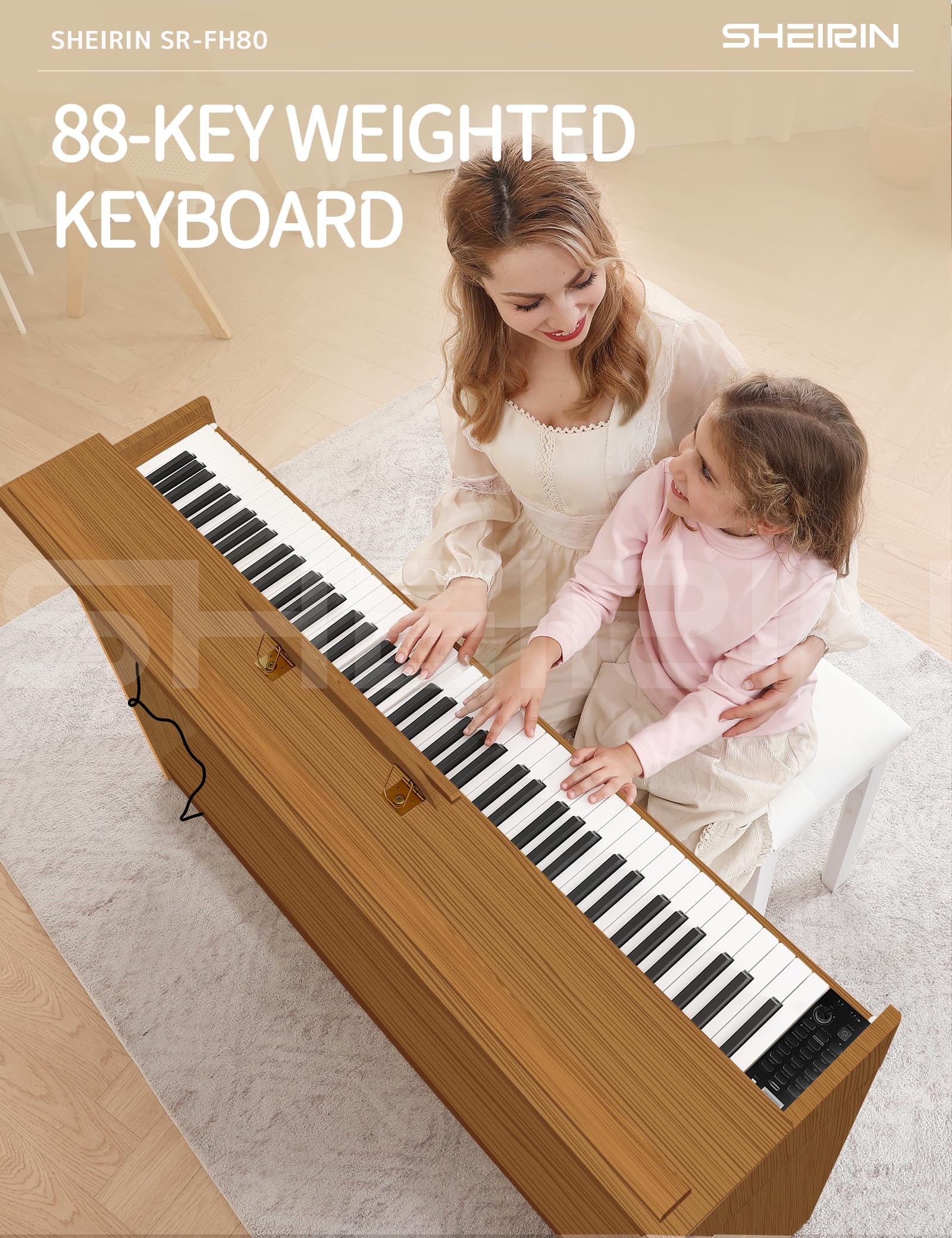 Digital Piano Hammer Action Keyboard 88 Keys Upright Acoustic Electric Weighted Piano Beginner MIDI Cover Full Size Sustain Pedal Stand Real Professional SR-FH80 (Beige Full Cover)