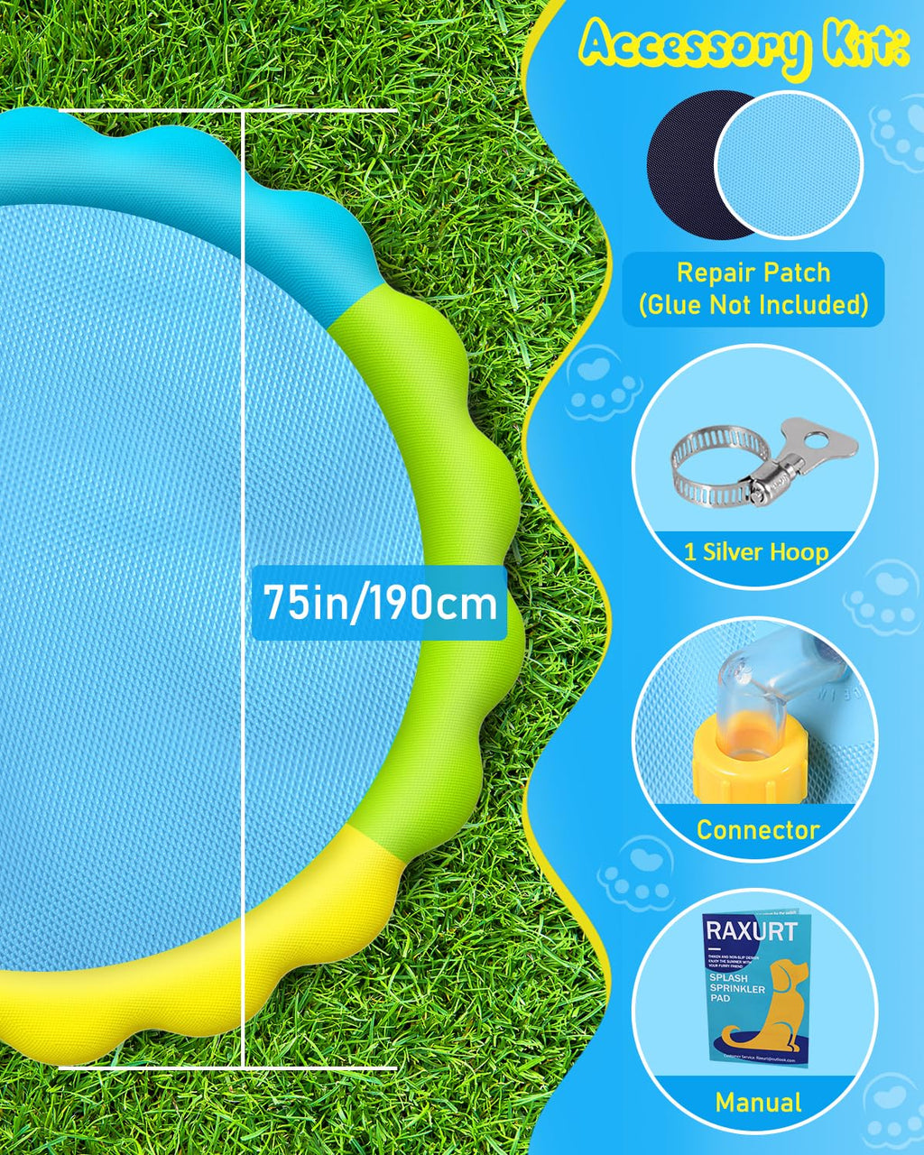 Raxurt Splash Pad, Non-Slip Thicken Splash Pad for Kids Ages 4-8 Toddler Baby Splash Sprinkler Pad Dog Pool Summer Outdoor Water Toys for Boys Girls, 59'' Blue