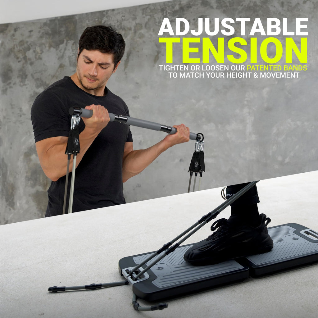 EVO Gym - Portable Home Gym Strength Training Equipment, At Home Gym | All in One Gym - Resistance Bands, Base Holds Gym Bar & Handles for Travel | Portable Gym & Home Exercise Equipment
