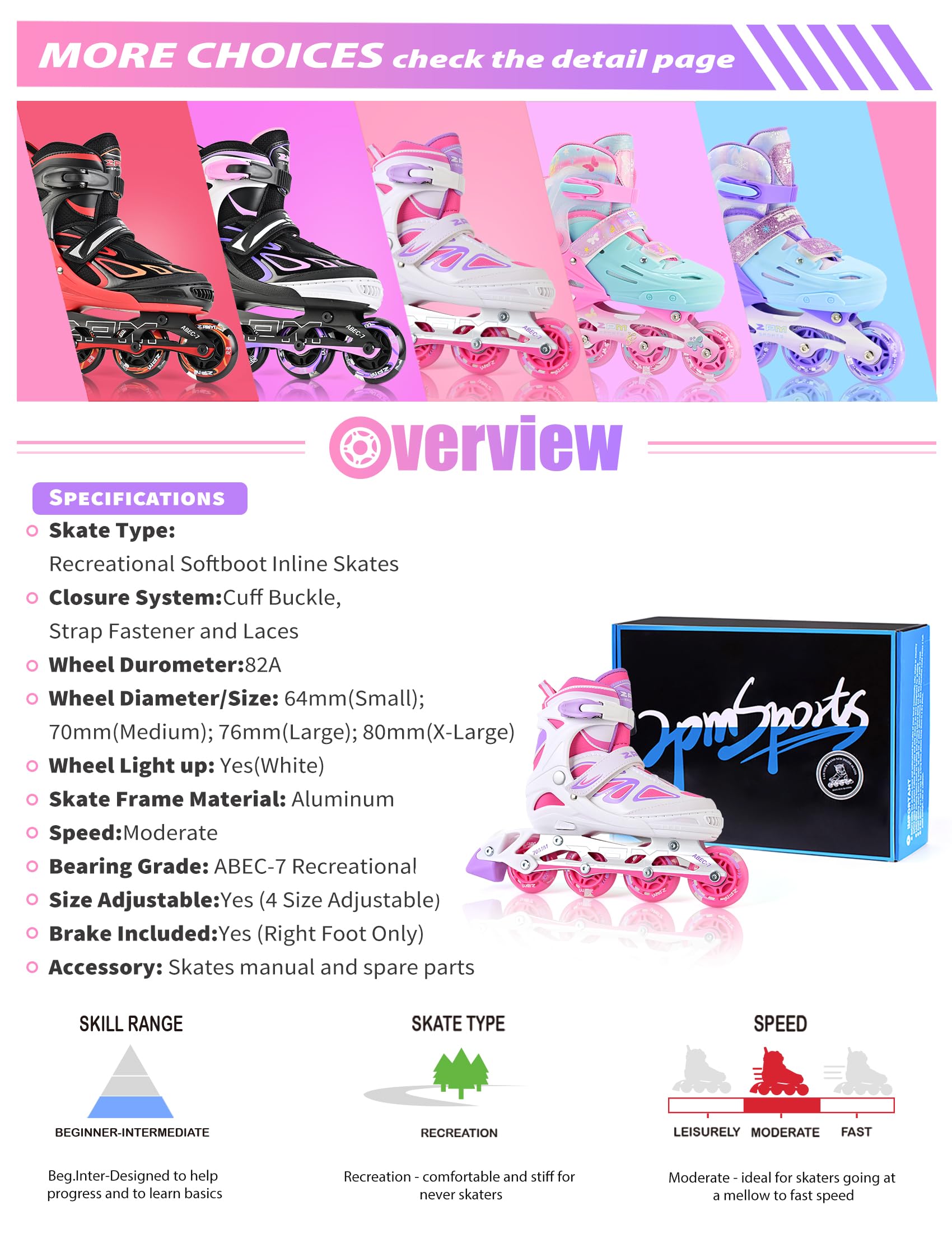 2PM SPORTS Vinal Girls Adjustable Flashing Inline Skates, All Wheels Light Up, Fun Illuminating Skates for Kids Men Adult Women and Boys