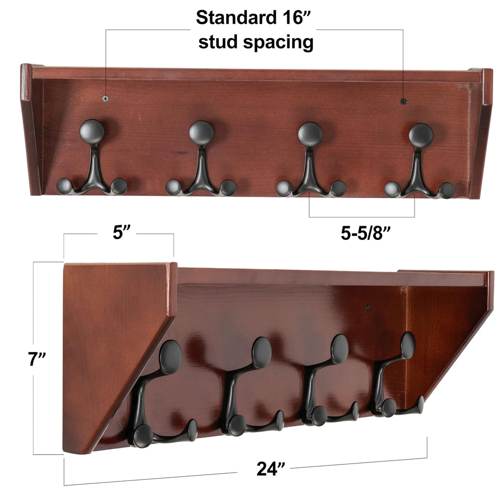 SKOLOO Wall Shelf with Hooks, 24-Inch Cherry Coat Rack Wall Mount with Shelf Organizer - Heavy Duty, 4 Tri Hooks - Perfect for Entryway, Hallway, Living Room, Bedroom, Mudroom
