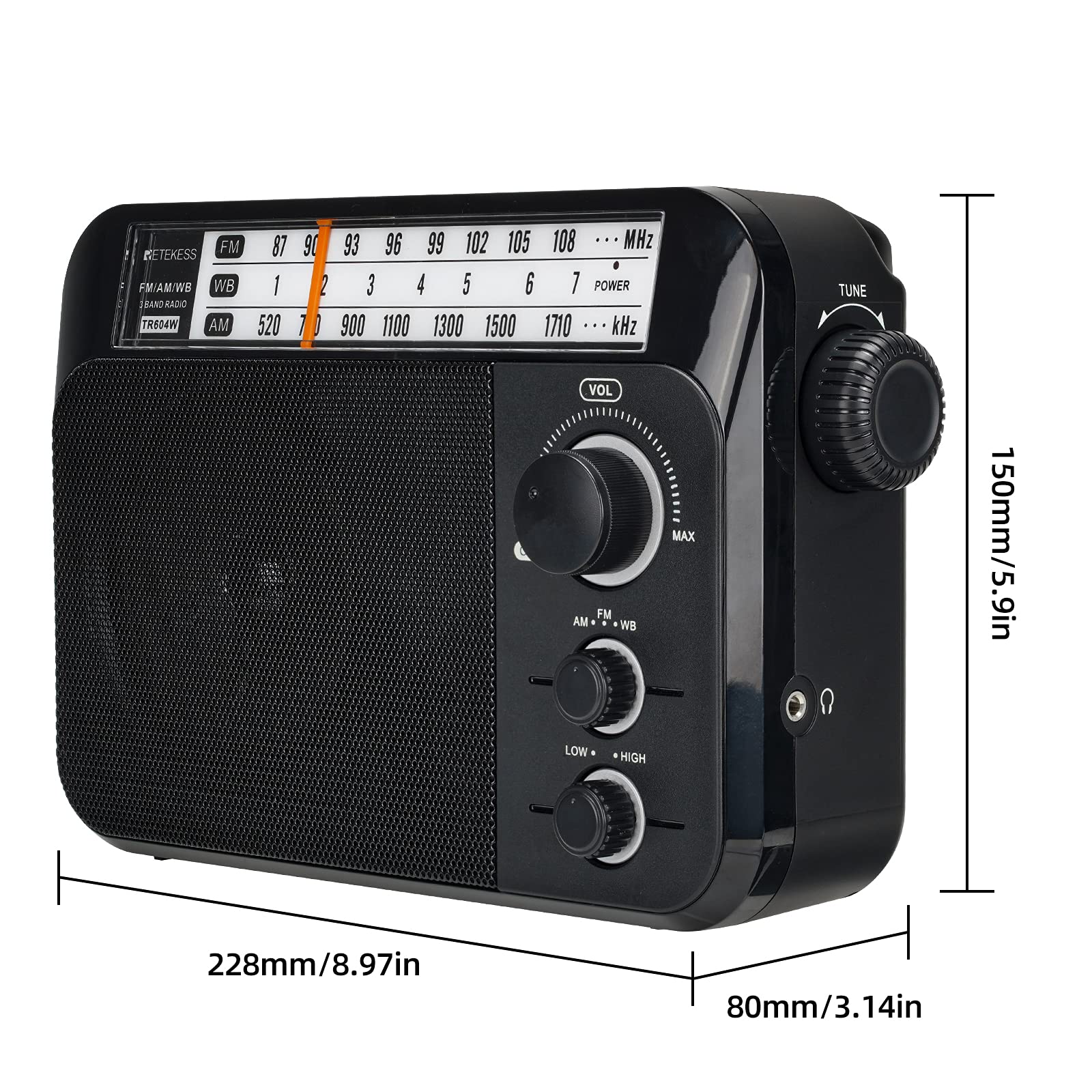 Retekess TR604W AM FM NOAA Radio, Portable Emergency Weather Radios with Best Reception, AC or D Battery Powered, with Clear Dial and Large Knob, Suit for Home (Black)