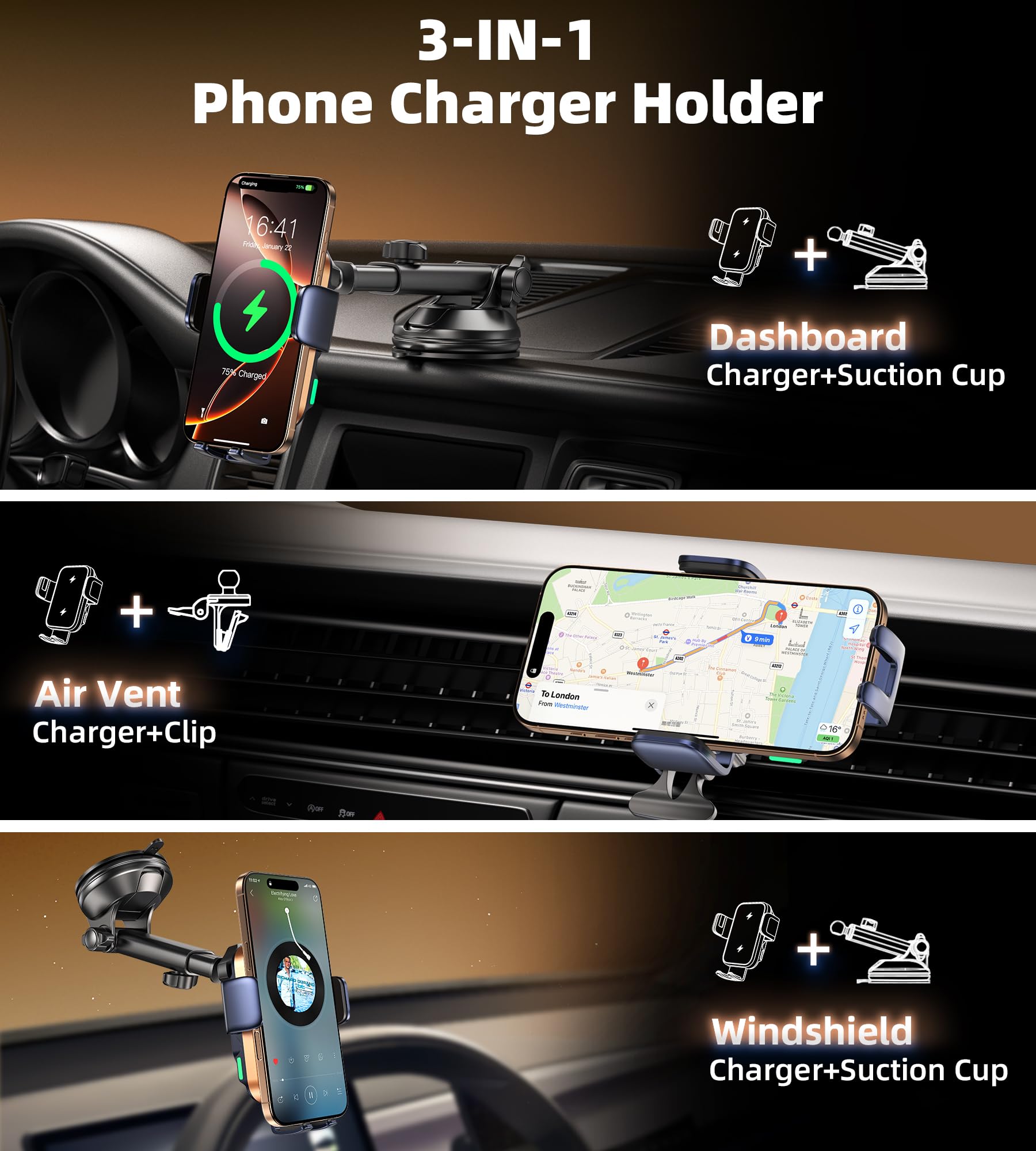 Dual Coil 15W Car Phone Holder Wireless Car Charger -Auto Clamping- Charging Phone Holders for Your Car Dash Vent Windshield, for Flip S25/S24/S23/S22, iPhone 17/16/15/14