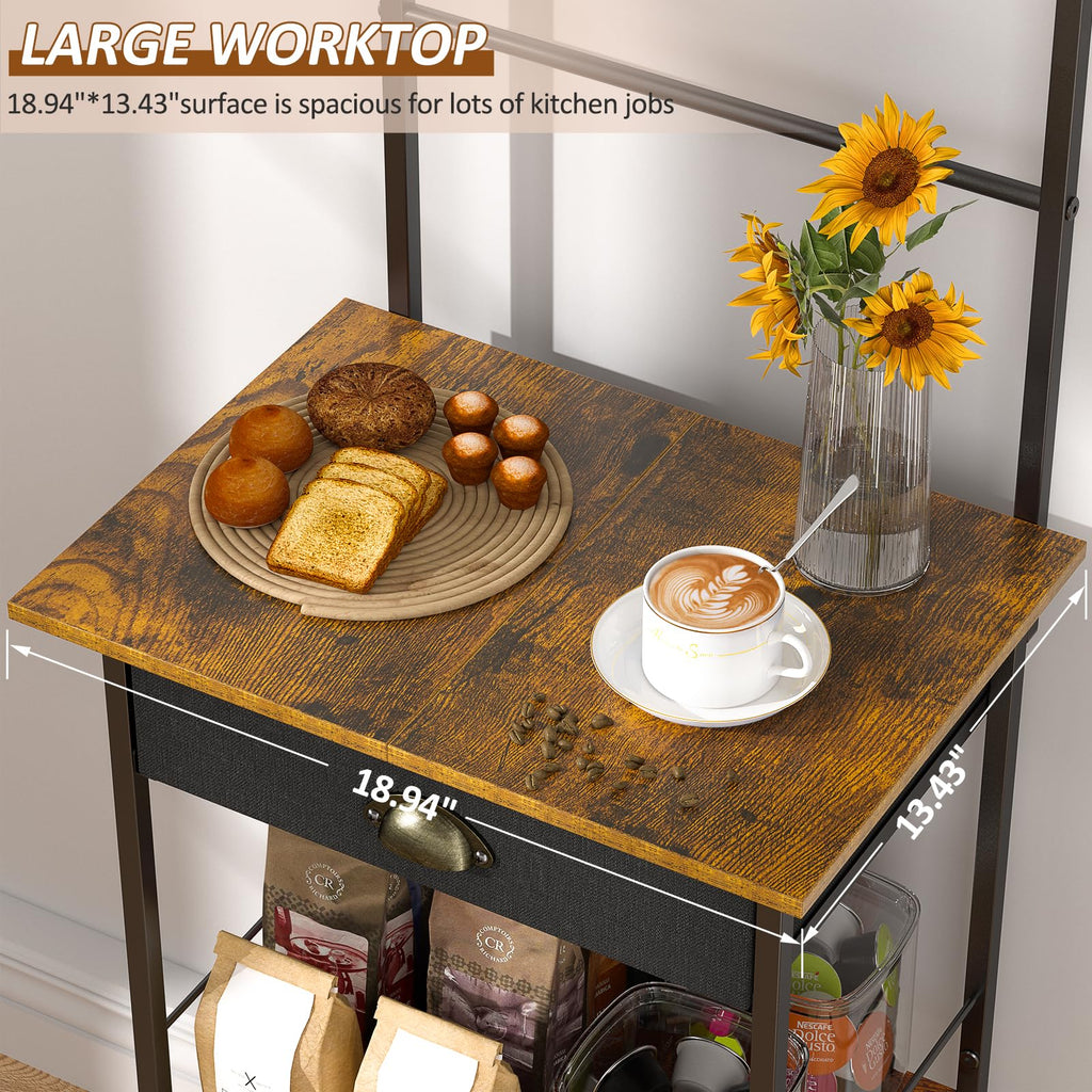 5 Tier Coffee Bar Station, Kitchen Stand with 4 S-Shaped Hooks, Farmhouse Corner Coffee Bar Cabinet for Small Spaces, Bakers Rack for Kitchen, Entryway, Living Room, 13.43"D x 18.93"W x 53.31"H