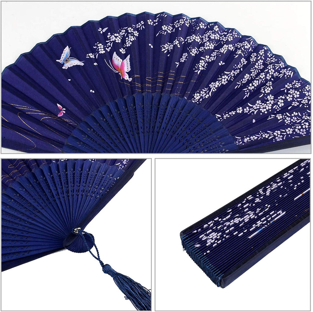 Bantoye 2 Pieces Handheld Fans, Silk Folding Fans with Bamboo Frames for Dancing Cosplay Wedding Party Props Decoration, White Blue