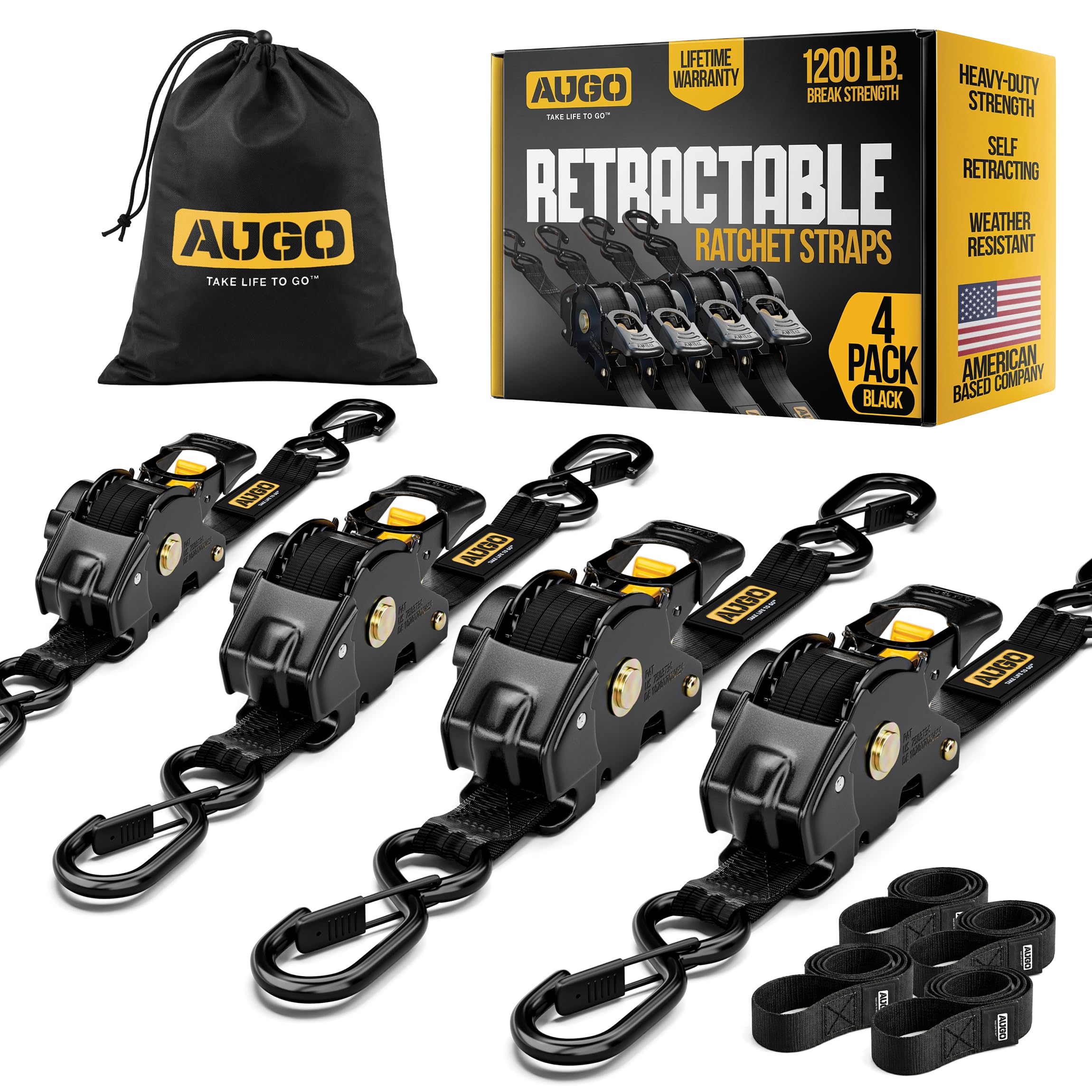 AUGO Retractable Ratchet Straps | 2 Heavy Duty Ratchet Straps Self Retractable Tie Downs with Soft Loops & Storage Bag for Motorcycle, Truck, Trailer, Cargo Van | 1200 Lb Break Strength 1” x 10’