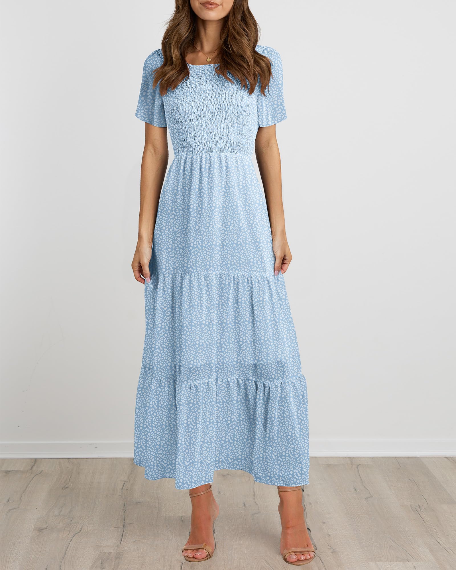 BTFBM Women Casual Short Sleeve Crew Neck Summer Dress Bohemian Floral Printed Flowy Maxi Dresses Tiered Cocktail Dress