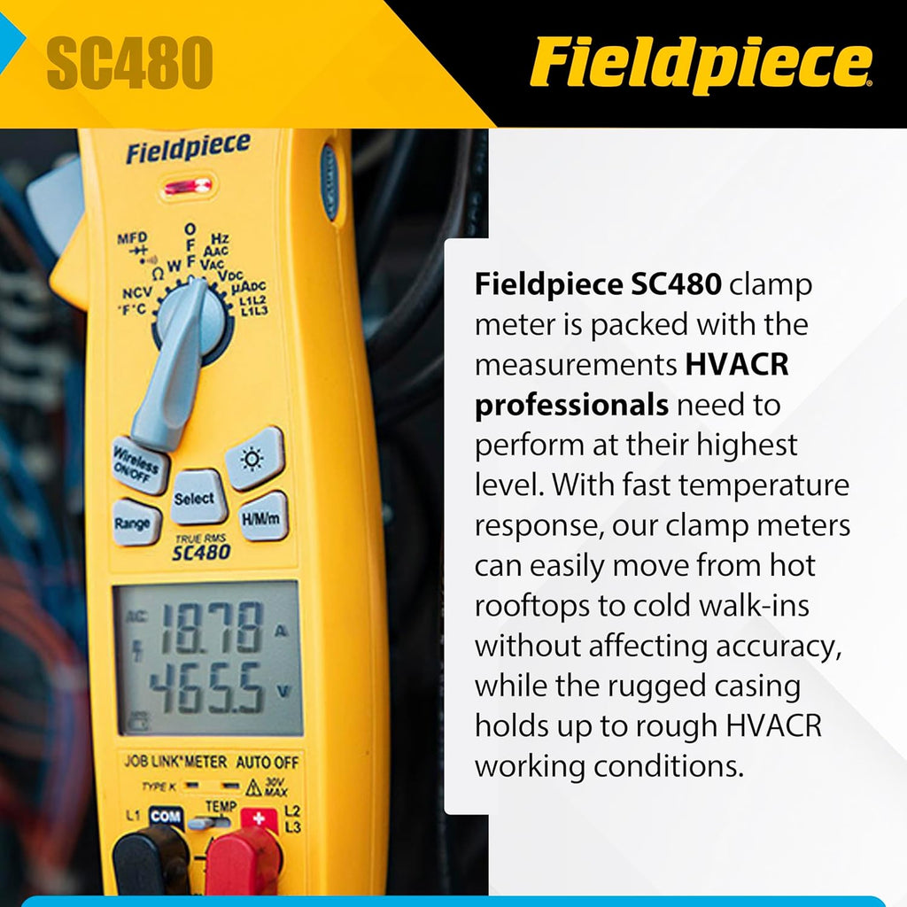 Fieldpiece SC480 Wireless Power Clamp Meter - True RMS HVACR Multimeter w/Job Link App Connectivity - Inrush Current, 3-Phase Testing, Low Pass Filter, CAT IV 600V - HVAC Tools