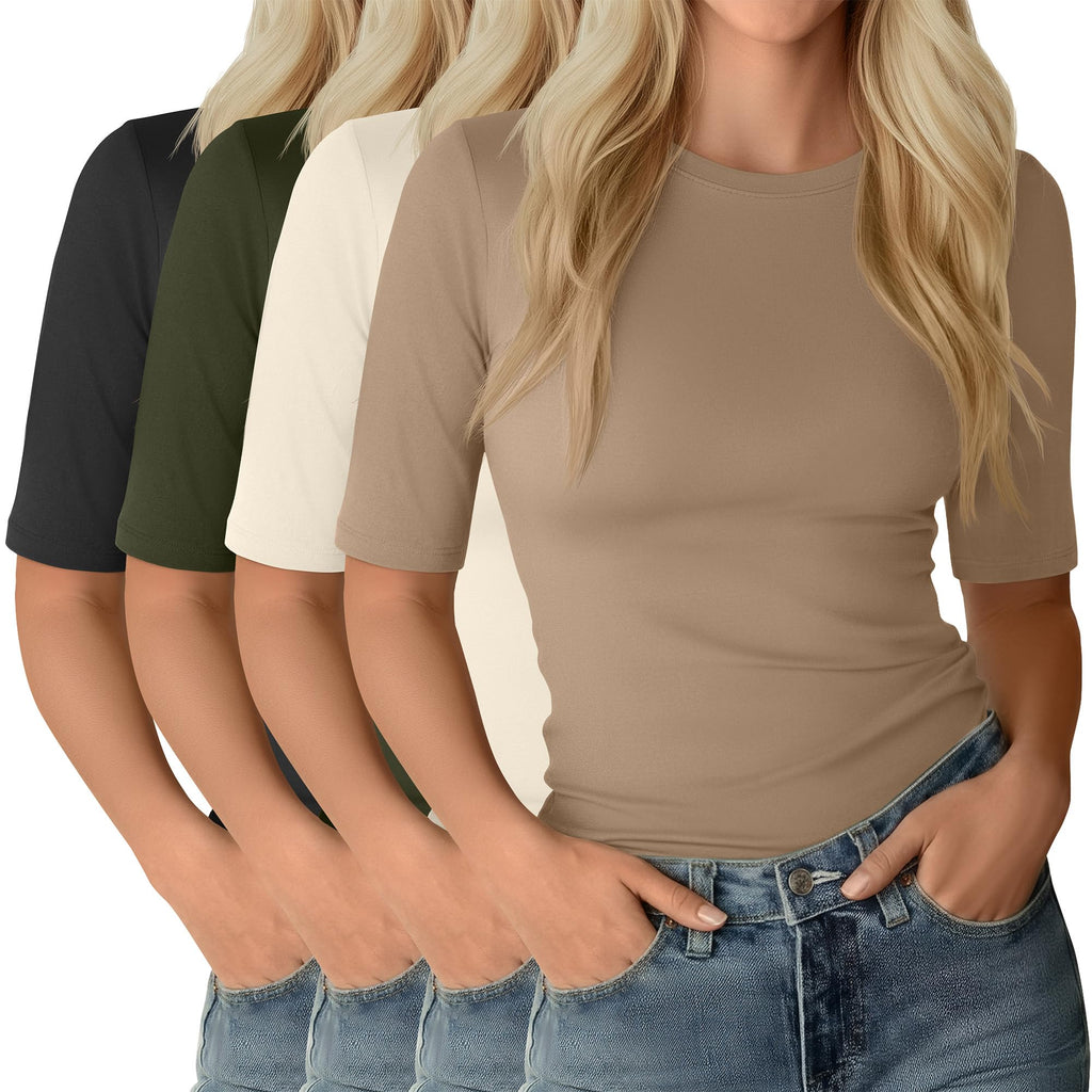 Neer 4 Pack Women's Half Sleeve Tops Elbow Length Slim Fit Crewneck T-Shirts 1/2 Sleeve Casual Summer Basic Tees