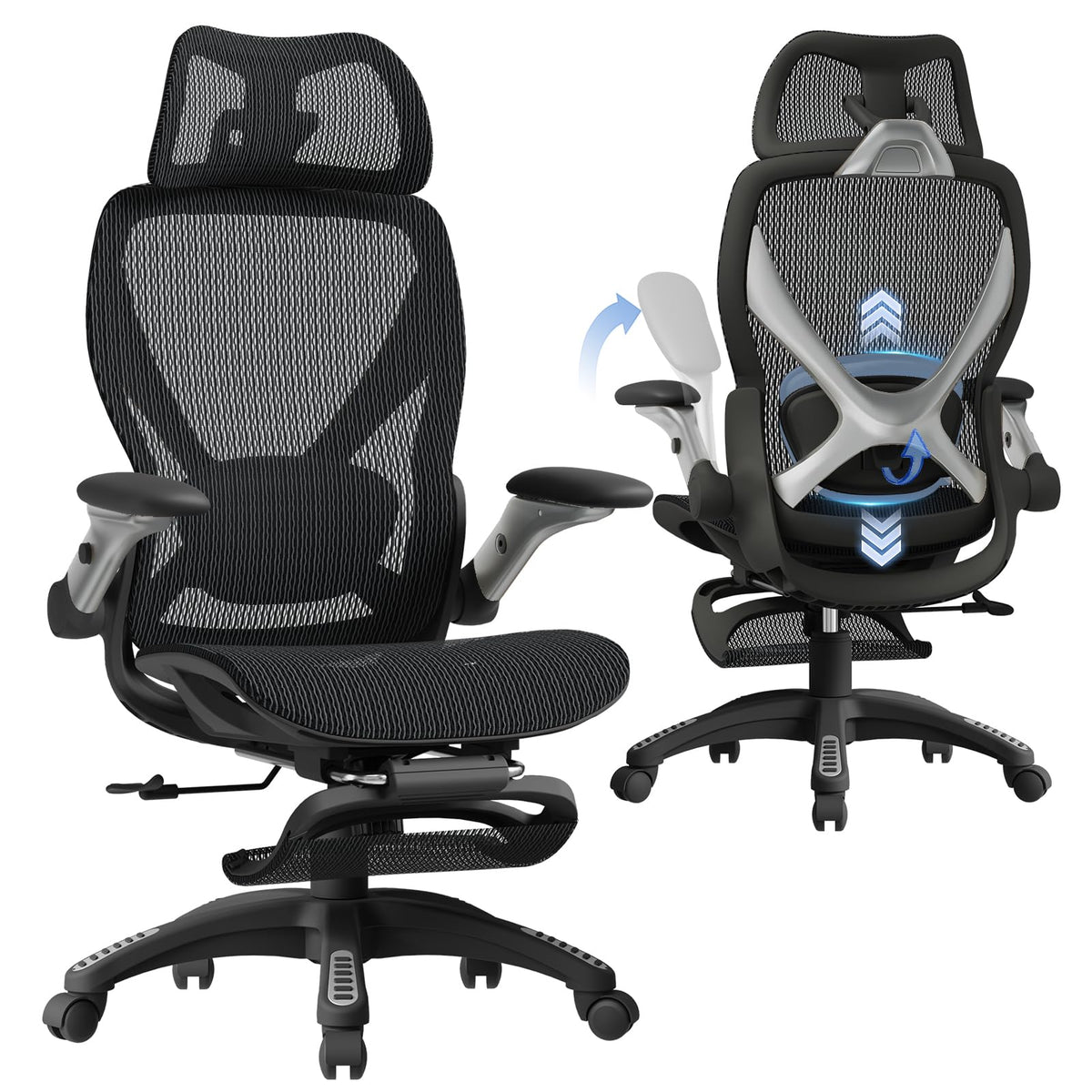 ELABEST X100 Ergonomic Office Chair with Footrest, Big and Tall Home Desk Chair with 5D Flip-Up Arms, Adjustable 3D Lumbar Support,High Back Rolling Computer Chair, Swivel Mesh Chairs (Coffee Break)