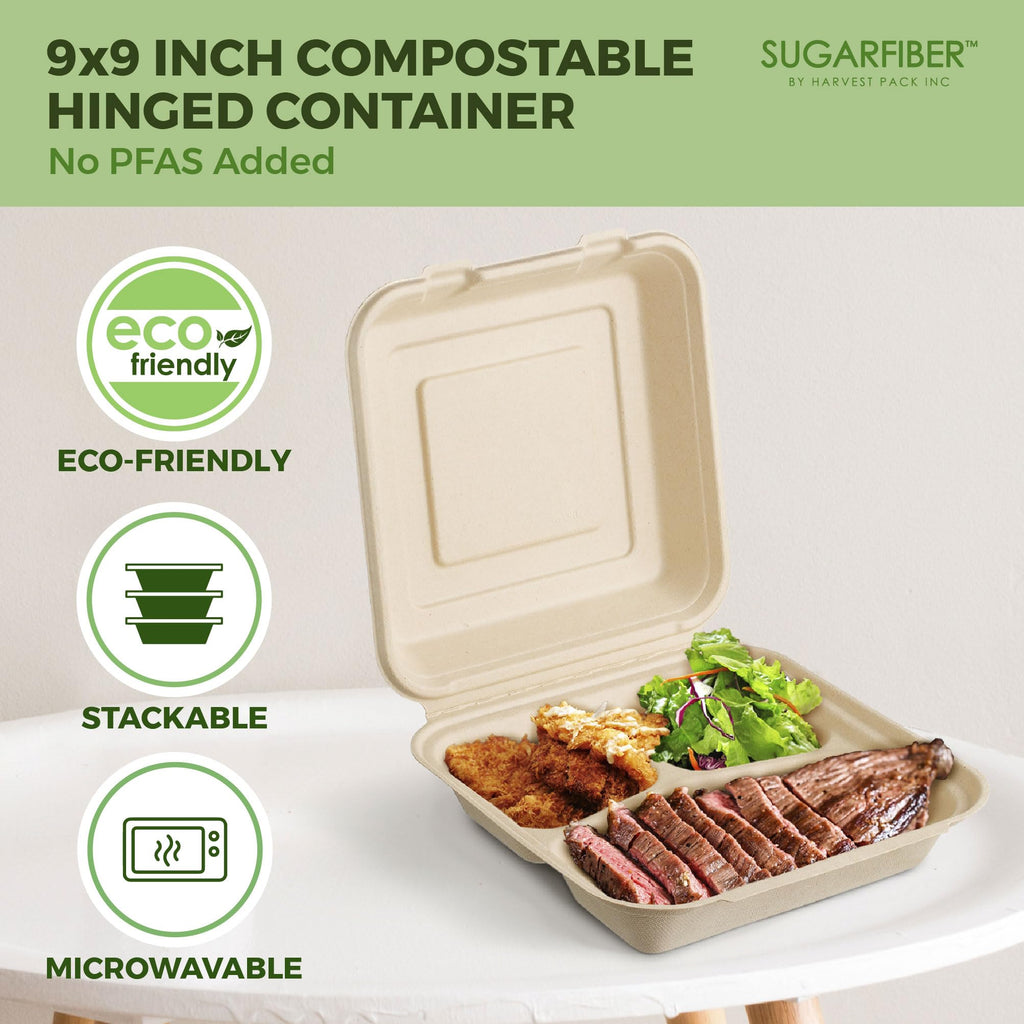 [50 COUNT]Harvest Pack 6 X 6" Compostable Clamshell Take Out Food Containers, PFAS FREE Square To go Containers with Lids, Heavy-Duty Disposable Bagasse Bento Cake Box, Eco-Friendly Sugarcane Fibers