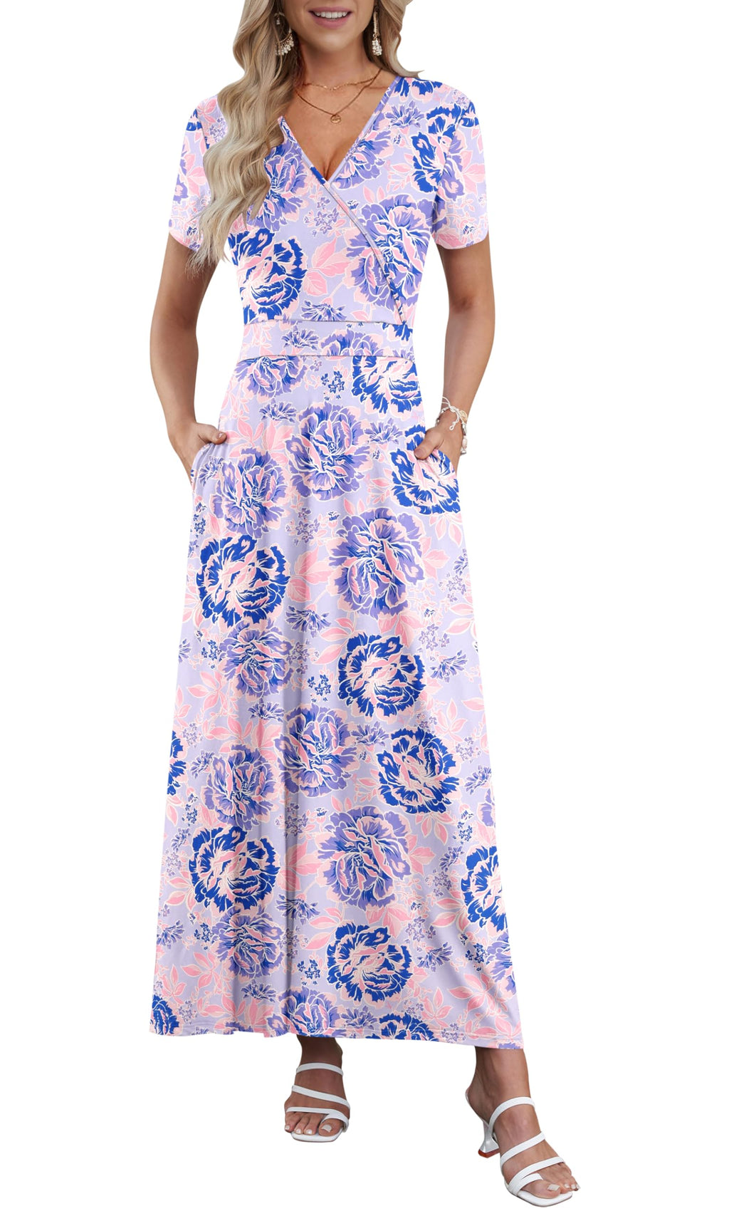 AUSELILY Maxi Dresses for Women Ankle Length Floral Print Beach Long Flowy Dress with Pockets