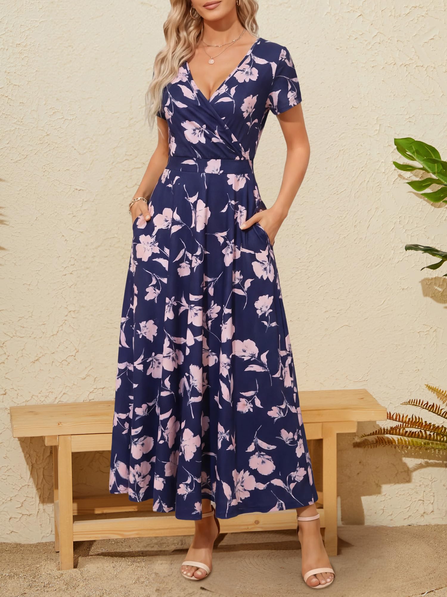 HUHOT Women's Short Sleeve Wrap V Neck Dresses for Wedding Guest Summer Floral Maxi Sundresses with Pockets Boho Dress