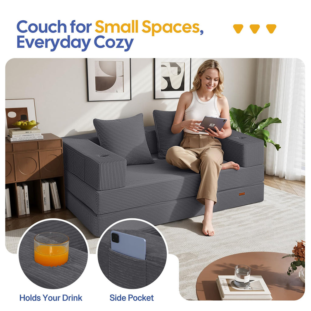 COMAX Futon Sofa Bed, 4‑in‑1 Convertible Sofa Bed, Folding Boneless Couches | Boneless Couch for living room, Fold Out Small Foldable Loveseat Floor Sleeper Mattress Lounge Space‑Saving, Ash Gray