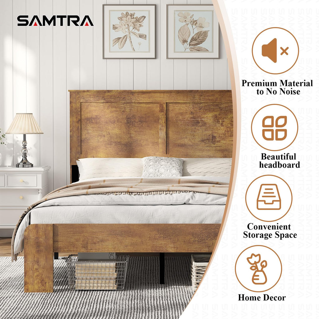 Wooden Bed Frame Full Size with Headboard, Farmhouse Platform Bedframe with Wood Slat Support, Sturdy Framework Bed Frame, Easy Assembly (Rustic Black)