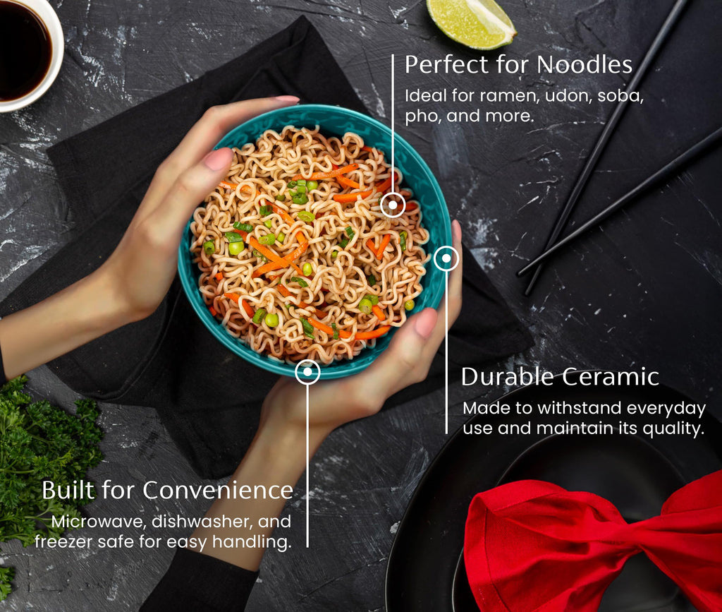 KooK Ramen Bowl, Japanese Bowls, Noodle Bowls, Large Soup Bowl, Ceramic, Large Capacity, For Ramen, Pho, Udon, Soba, Microwave and Dishwasher Safe, 34 oz, Set of 4 (Black/Navy)