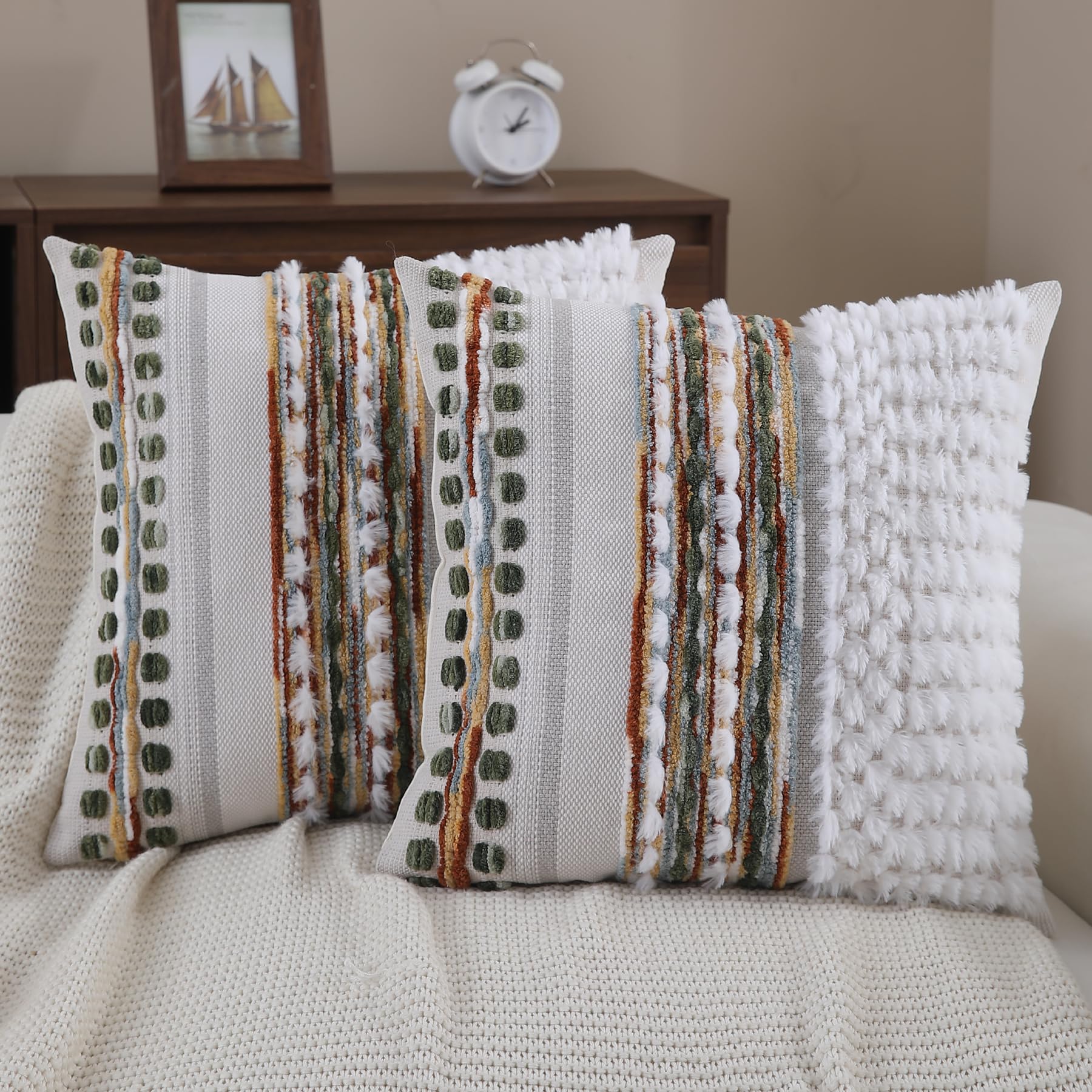 Boho Pillow Covers 18x18 Set of 2 for Couch-Modern Farmhouse Sofa Decorative Throw Pillow Covers Textured Chenille Cushion Covers Outdoor Netural Bohemian Pillow Cases Square