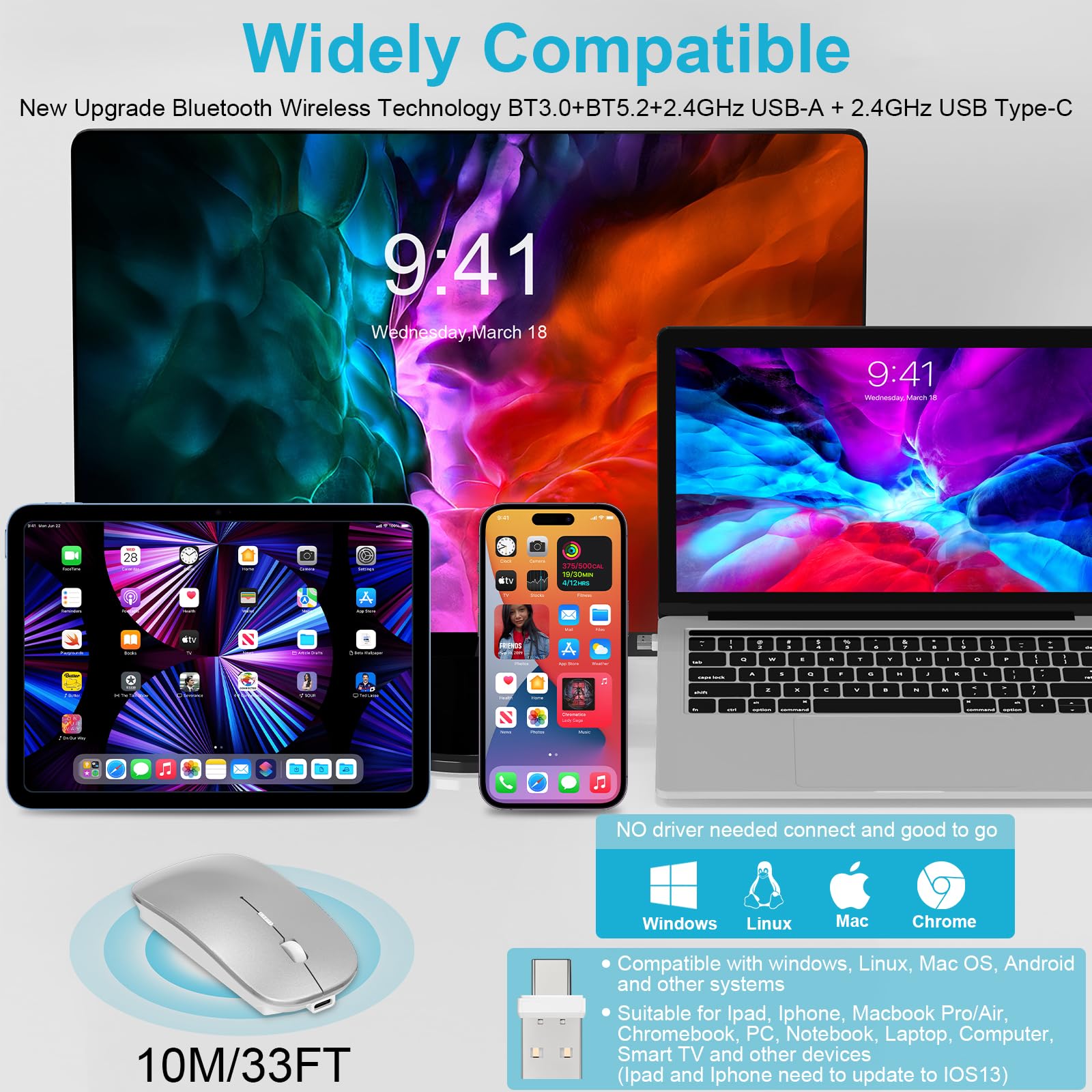 Mouse for MacBook Wireless Bluetooth Mouse Laptop MacBook Air Mac Pro Rechargeable Silent PC iPad Optical Mouse with Dual Mode Switch Bluetooth 5.2/3.0 and 2.4GHz USB Type-C Receiver Rose Gold