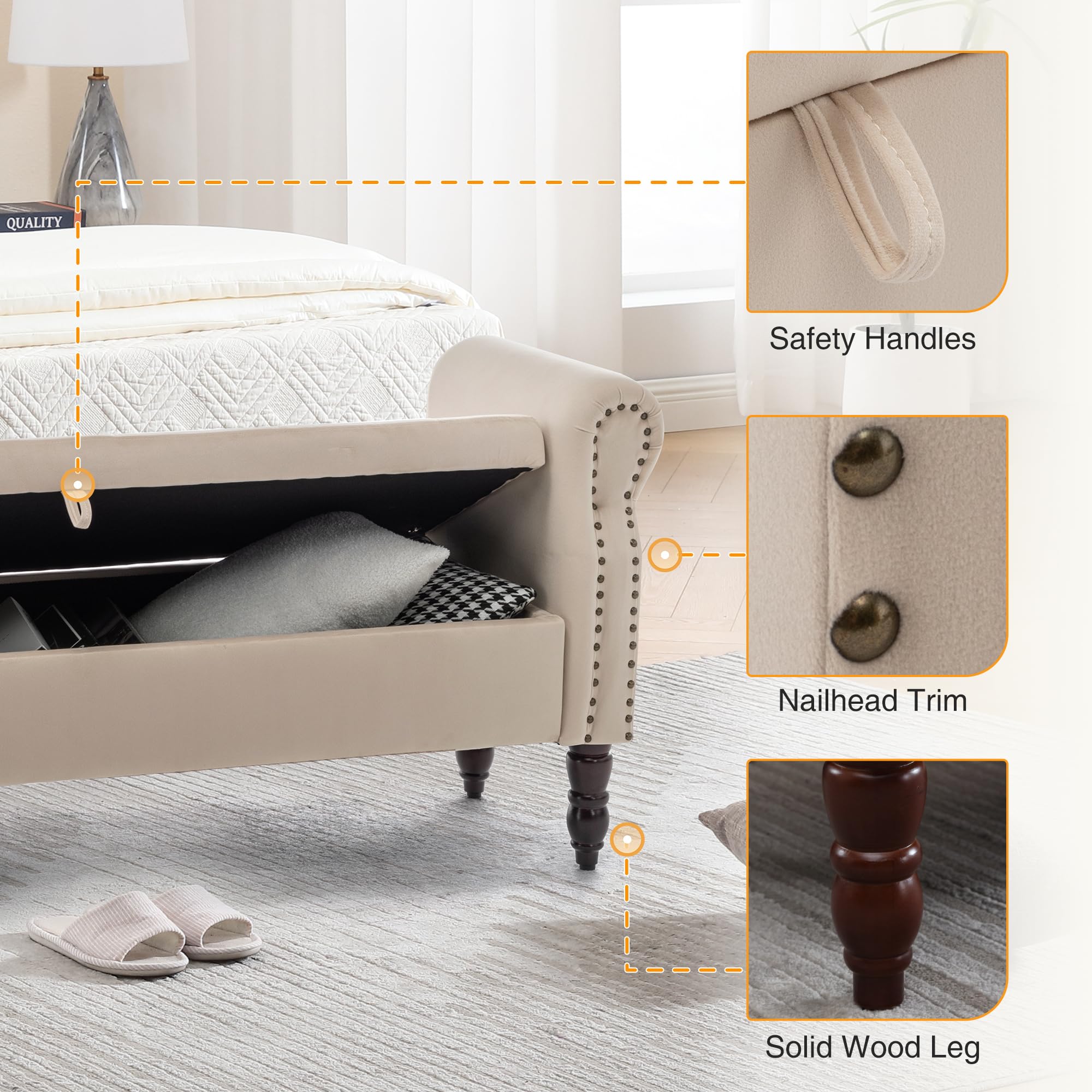 Storage Bench for Bedroom, 67" End of Bed Bench King Size, Velvet Bedroom Bench with Storage, Upholstered Tufted Storage Ottoman Benches with Arms for Bedroom, Entryway, Living Room, Beige