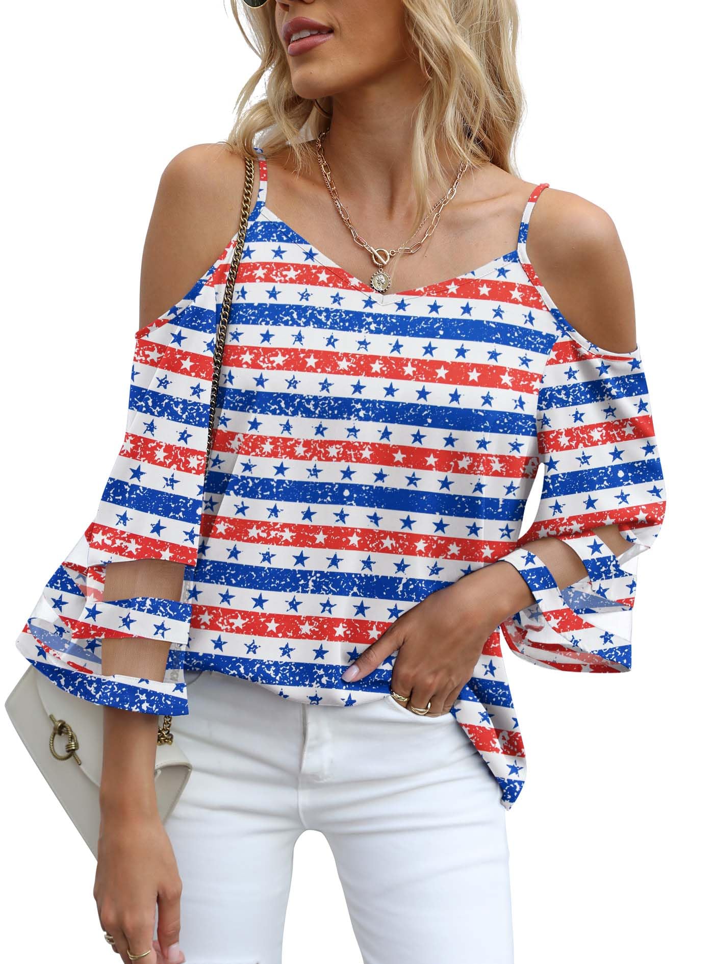 Jouica Womens Summer Cold Shoulder Tops Mesh Panel 3/4 Bell Sleeve Tees Adjustable Spaghetti Strap Loose Fit Shirts