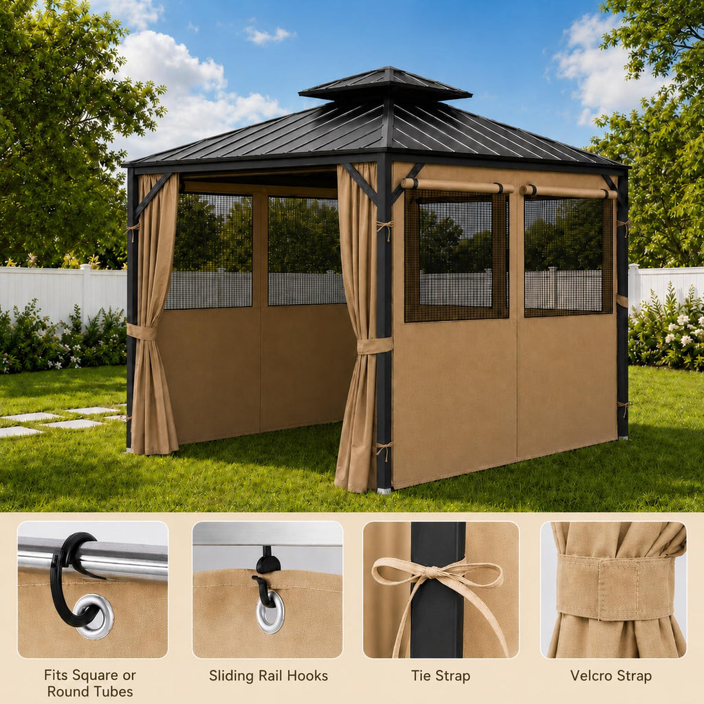 Gazebo Privacy Curtains 10' x 10' with Mosquito Windows, 4-Panels Side Wall with Zipper Universal Replacement for Patio, Outdoor Canopy, Garden and Backyard, Gray (Curtain Only)