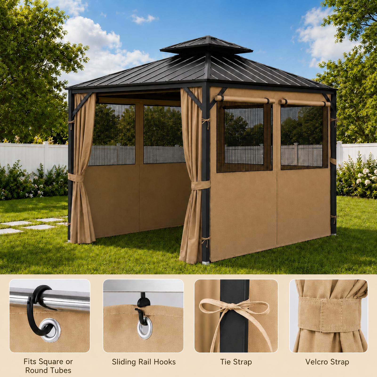 Gazebo Privacy Curtains 10' x 10' with Mosquito Windows, 4-Panels Side Wall with Zipper Universal Replacement for Patio, Outdoor Canopy, Garden and Backyard, Gray (Curtain Only)