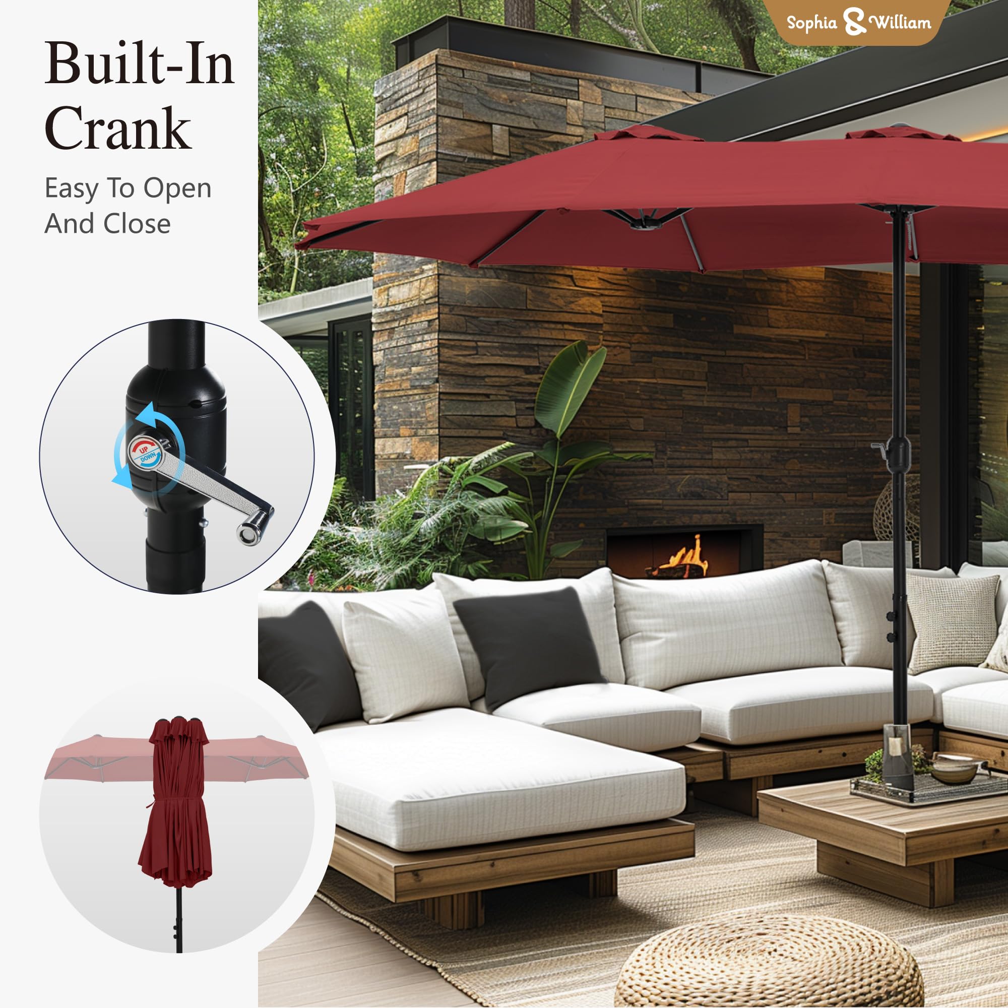 Sophia & William 15 ft Extra Large Patio Umbrella with Base Included, Rectangular Outdoor Umbrella Heavy Duty, Market Umbrella Double-sided Fade Resistant for Pool Garden Backyard, Beige