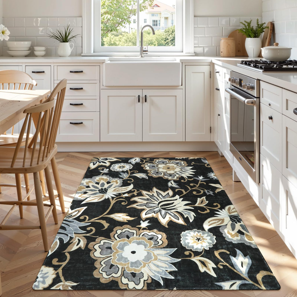 Lahome Floral Washable Area Rugs - 2x3 Non-Slip Small Entryway Rug Indoor, Throw Stain Resistant Kitchen Rugs Soft Black Paisley Print Bathroom Mats DoorMat Carpet for Bedroom Laundry Living Room Sink