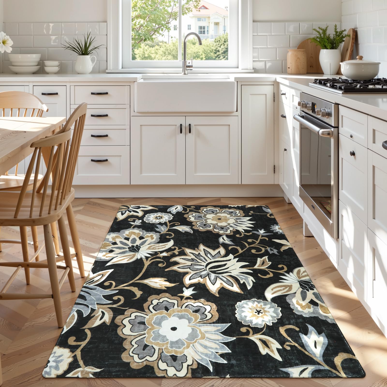 Lahome Floral Washable Area Rugs - 2x3 Non-Slip Small Entryway Rug Indoor, Throw Stain Resistant Kitchen Rugs Soft Black Paisley Print Bathroom Mats DoorMat Carpet for Bedroom Laundry Living Room Sink
