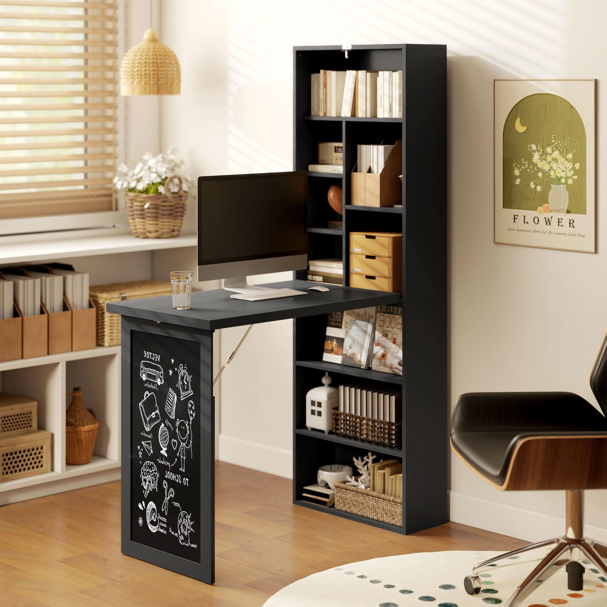 HOMCOM Foldable Convertible Writing Table, Wall Mounted Space-Saving Computer Desk with Chalkboard and Storage Shelves for Small Spaces, Home Office, Bedroom, Dorm, Apartment, Black